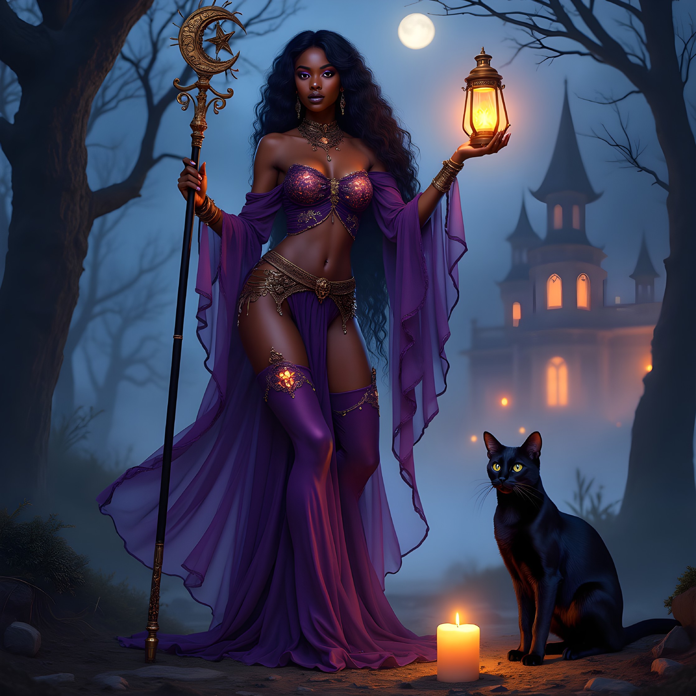 Mystical Figure in Moonlit Forest with Lantern and Cat