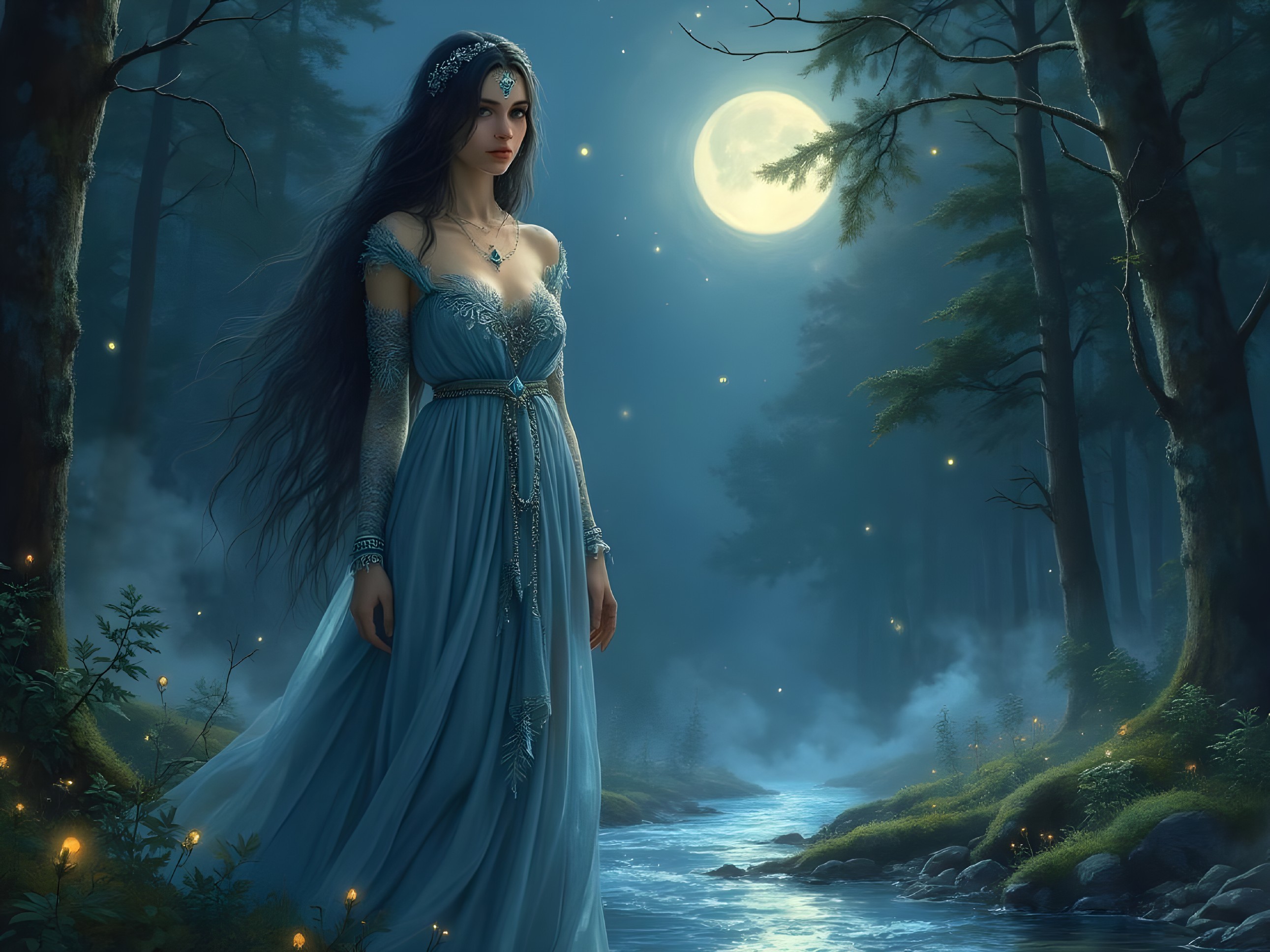 Mystical Forest Scene with Moonlit Woman by Stream