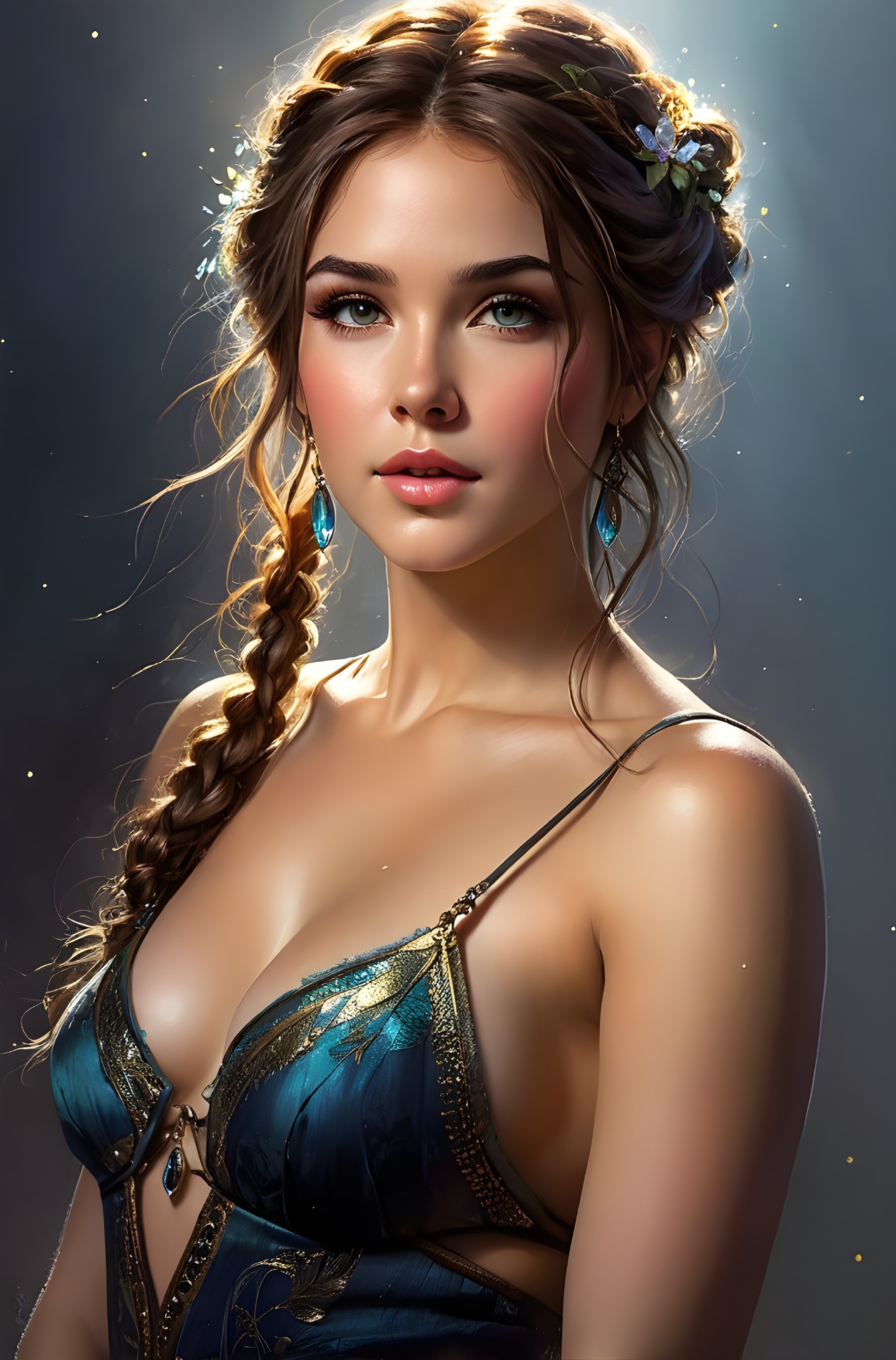 Beautiful woman in blue dress with braided hair and flowers