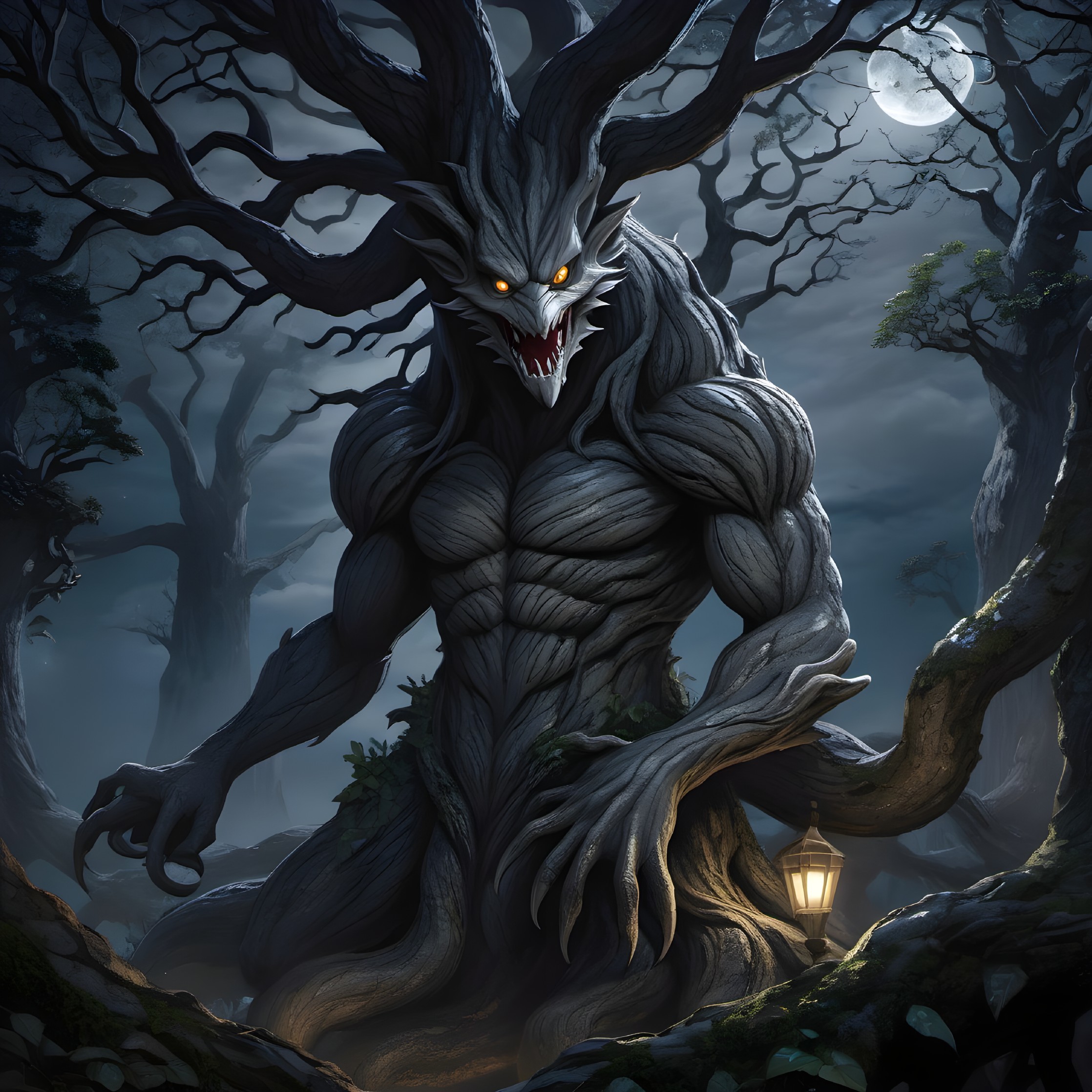 Monstrous Creature in a Dark, Eerie Forest Scene