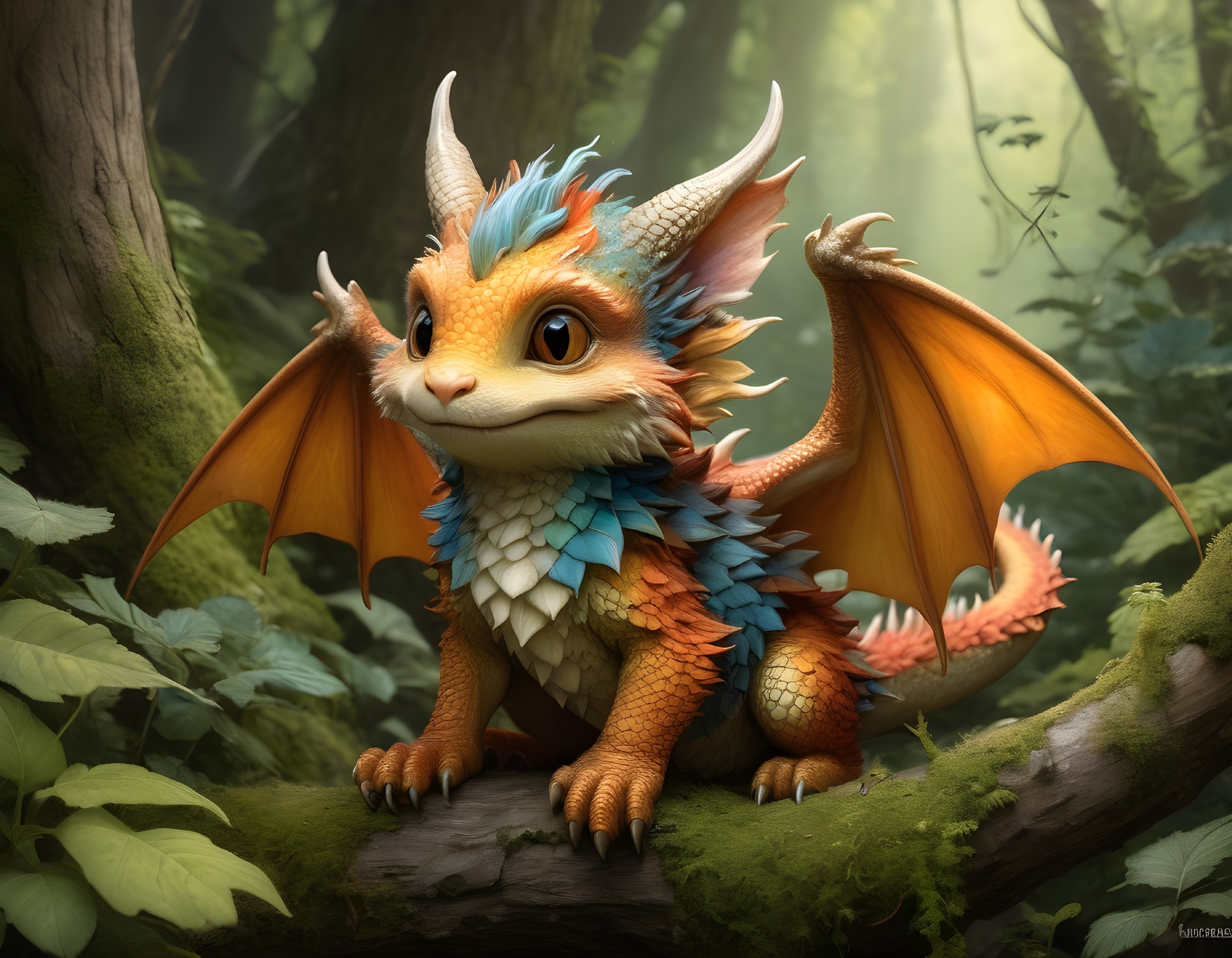 Fantastical dragon on mossy log in lush forest