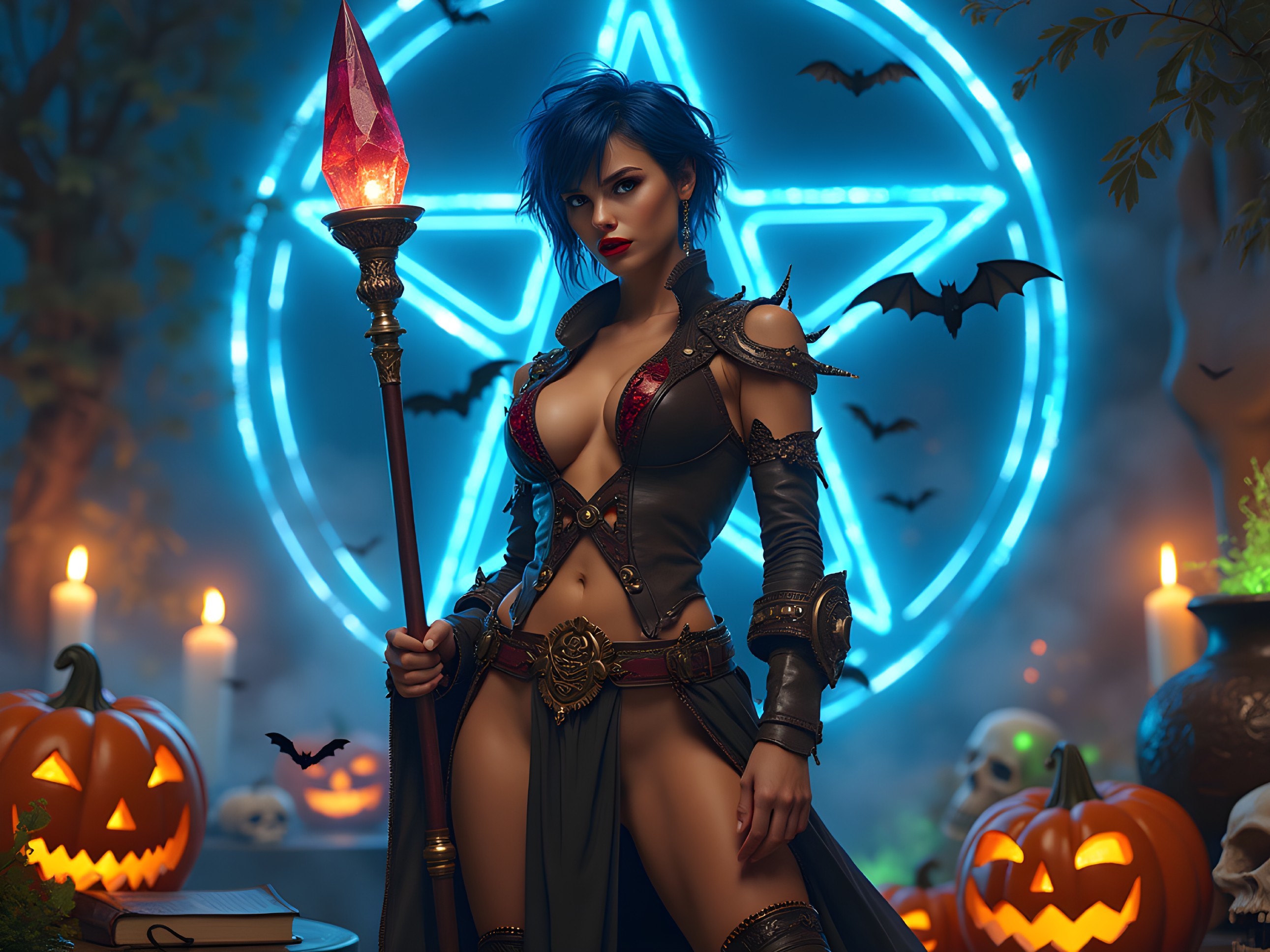 Female Figure in Mystical Halloween Setting with Pentagram