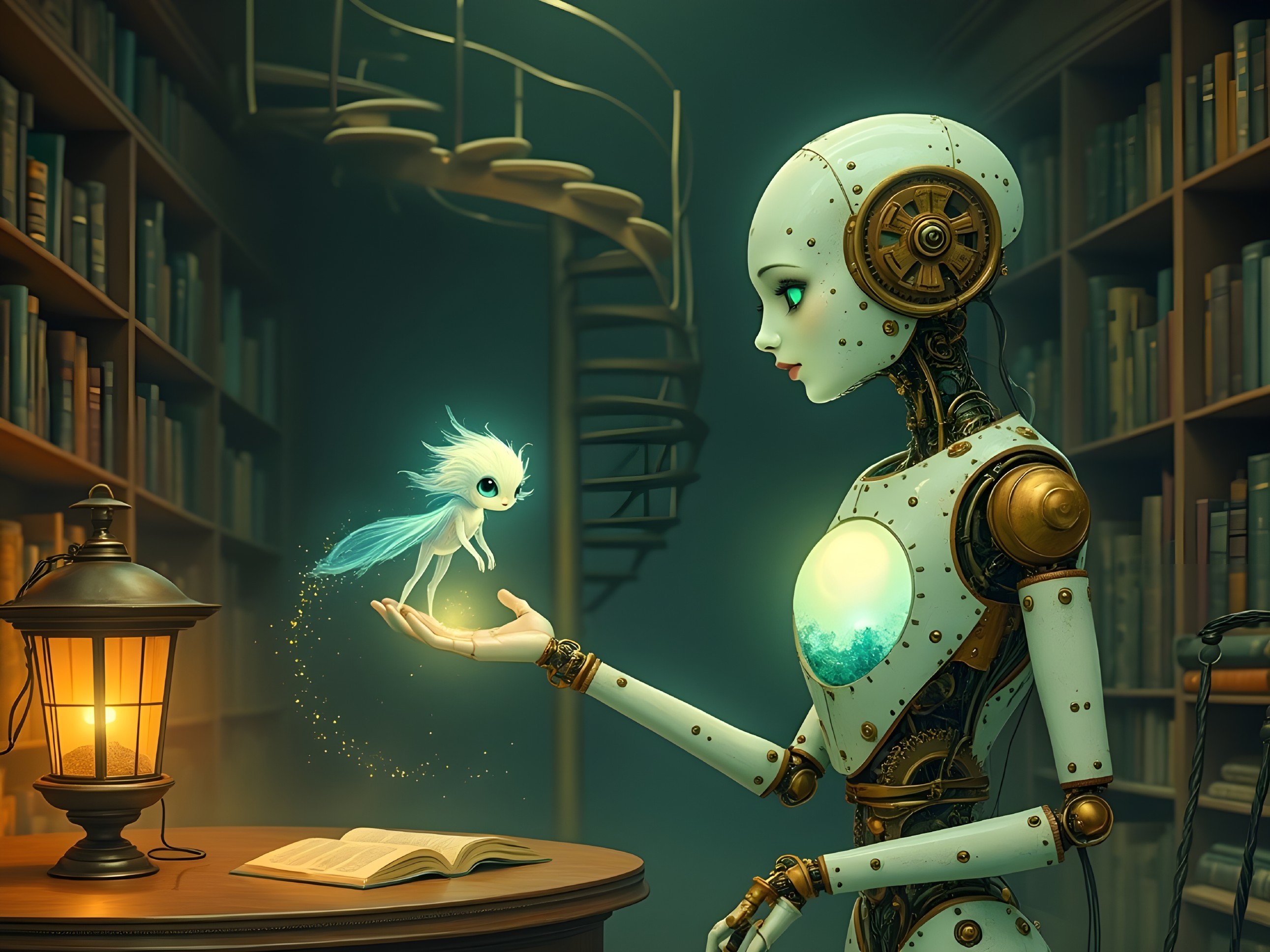 Robot and Fairy in a Dimly Lit Library Setting
