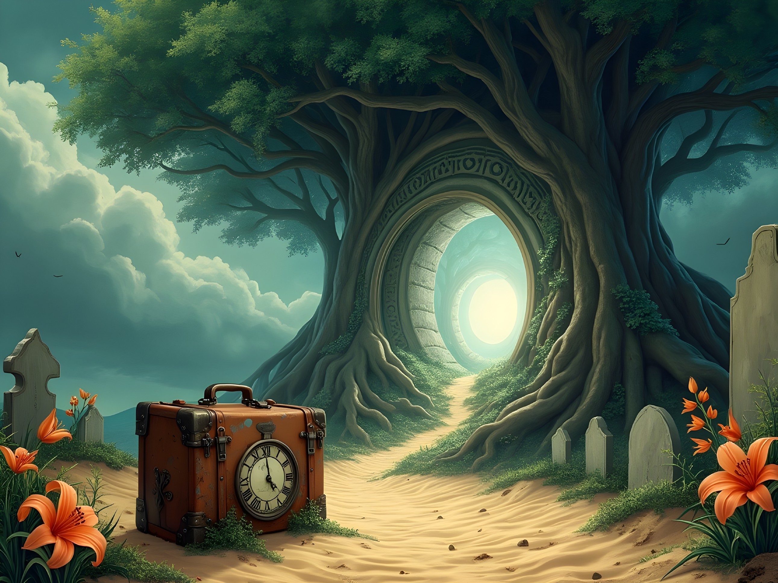 Magical landscape with ancient tree and glowing portal