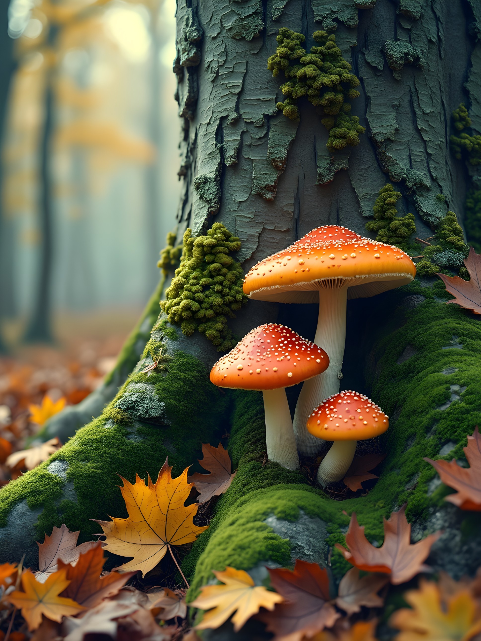 Vibrant Orange Mushrooms in a Misty Forest Setting
