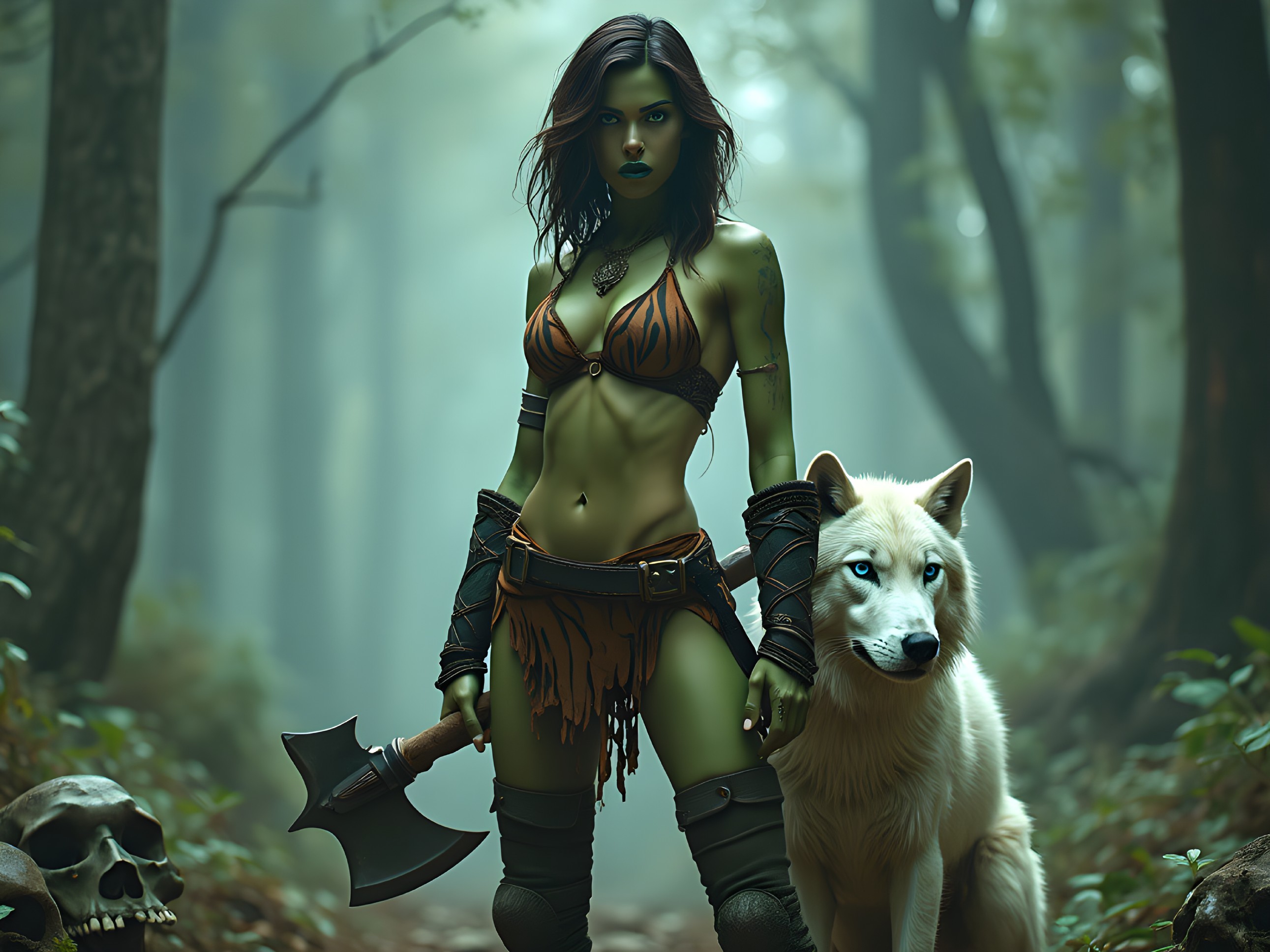 Green-Skinned Warrior and White Wolf in Misty Forest