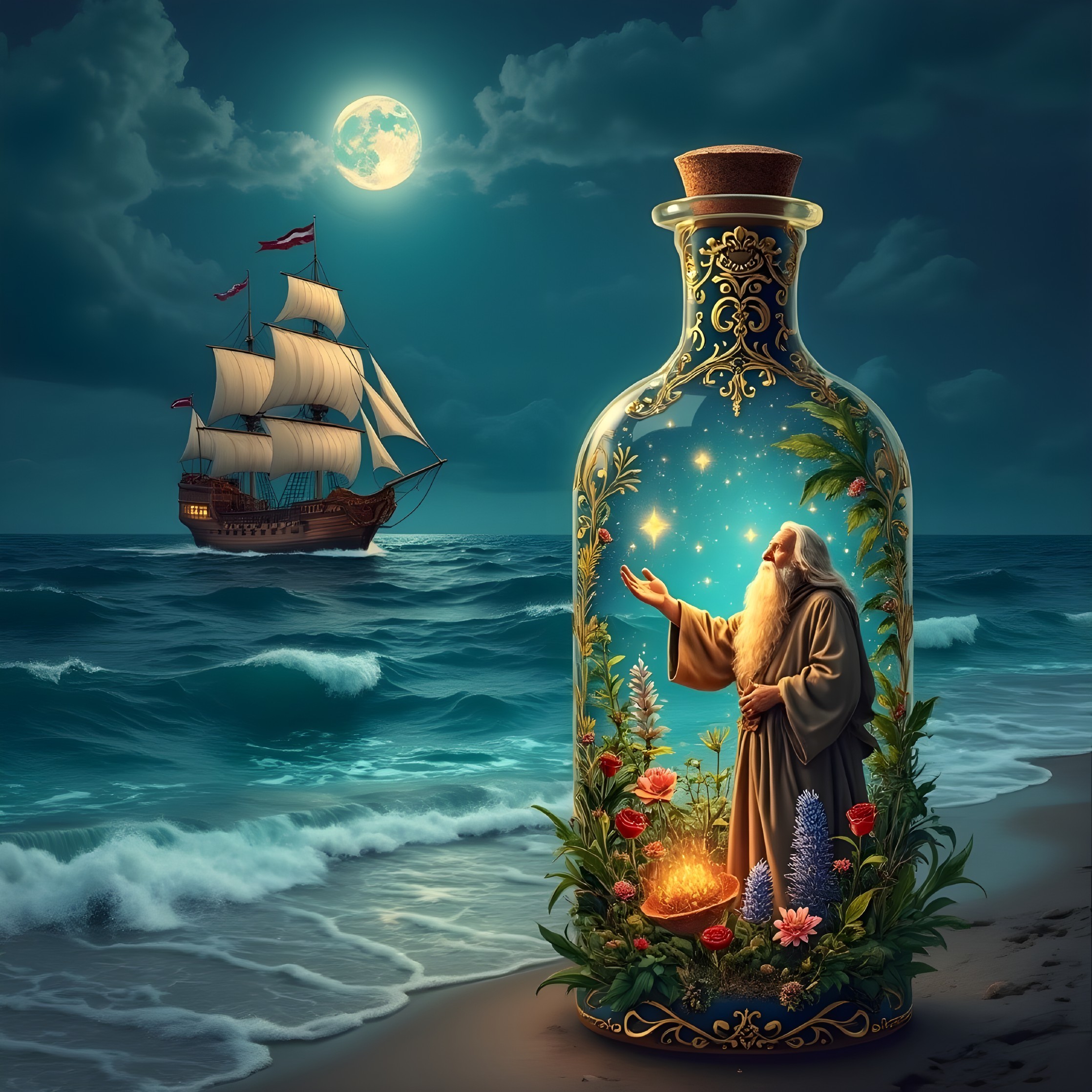 Mystical Glass Bottle Scene with Ship and Flowers