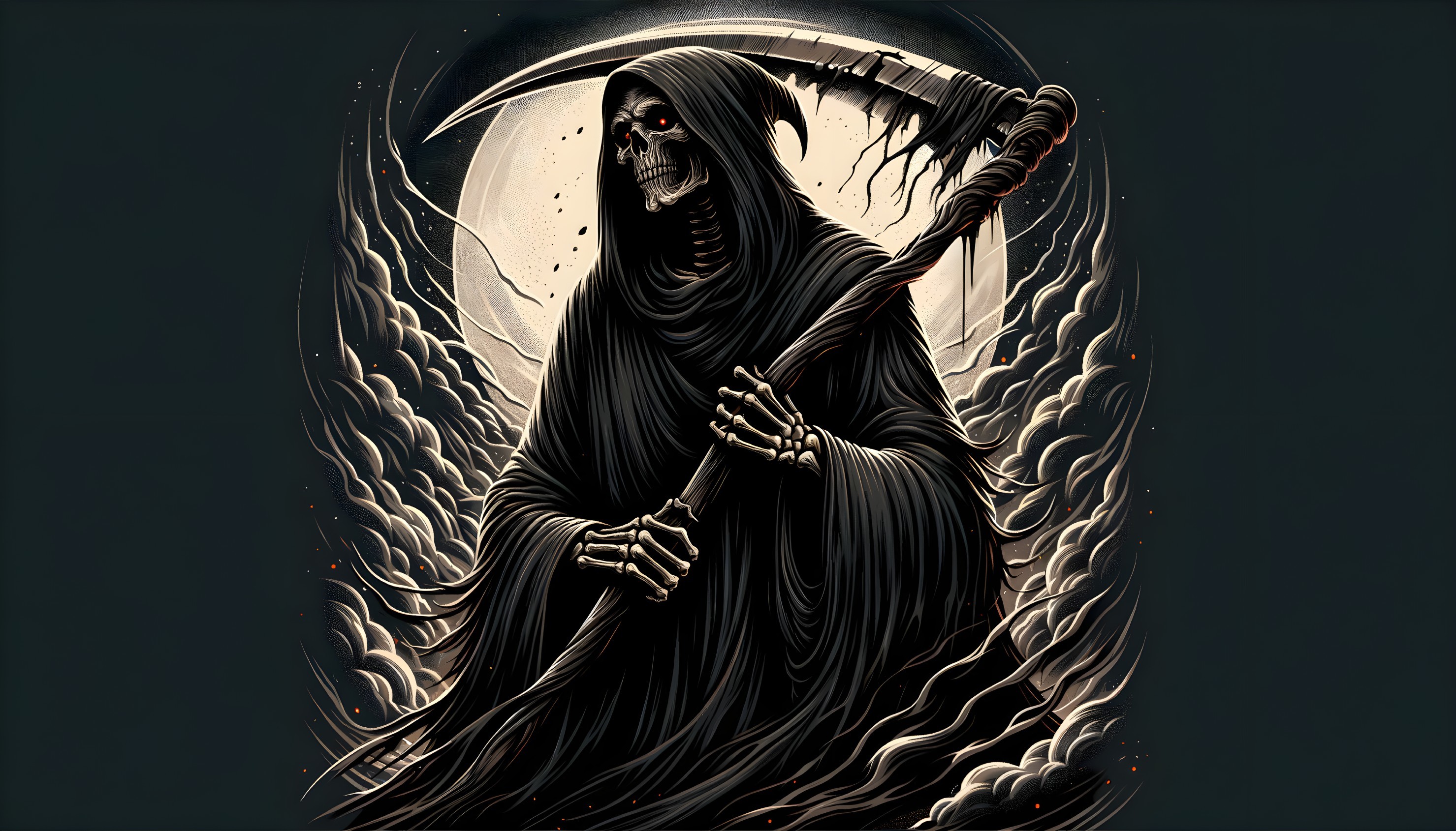 Illustration of grim reaper with scythe in black cloak against moonlit background