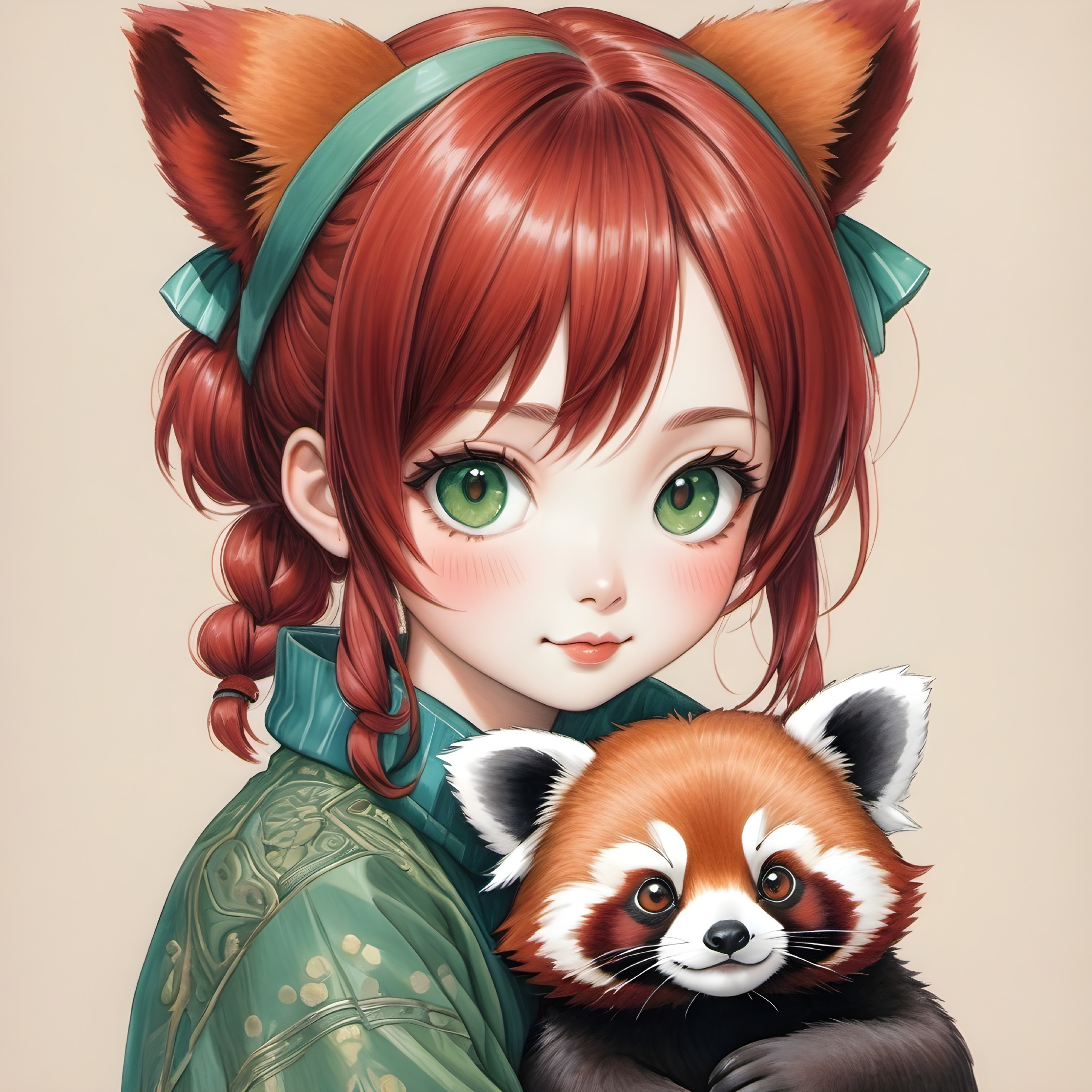 Charming girl with red hair and red panda companion