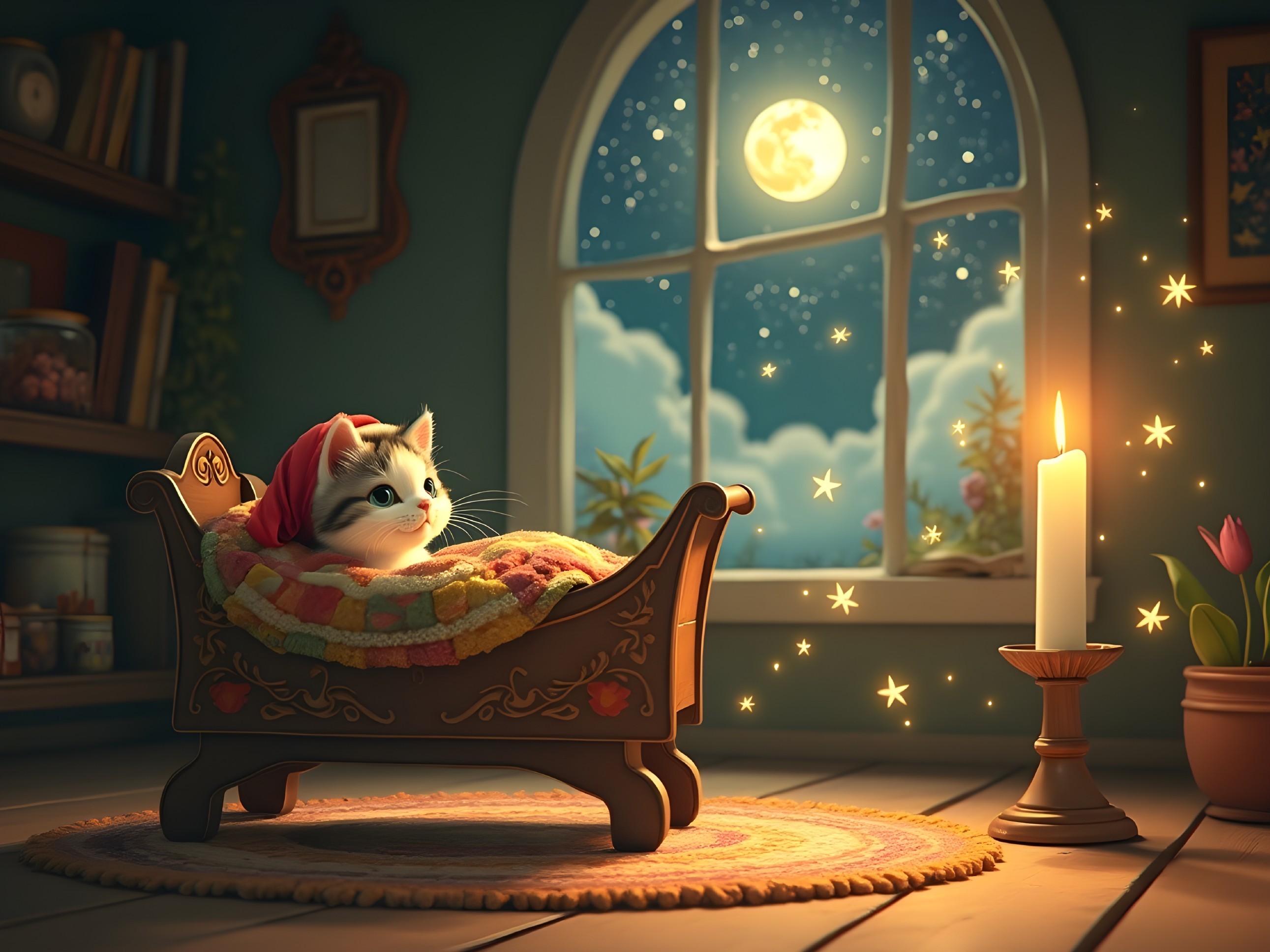 Cozy Room with Fluffy Cat in Charming Bed