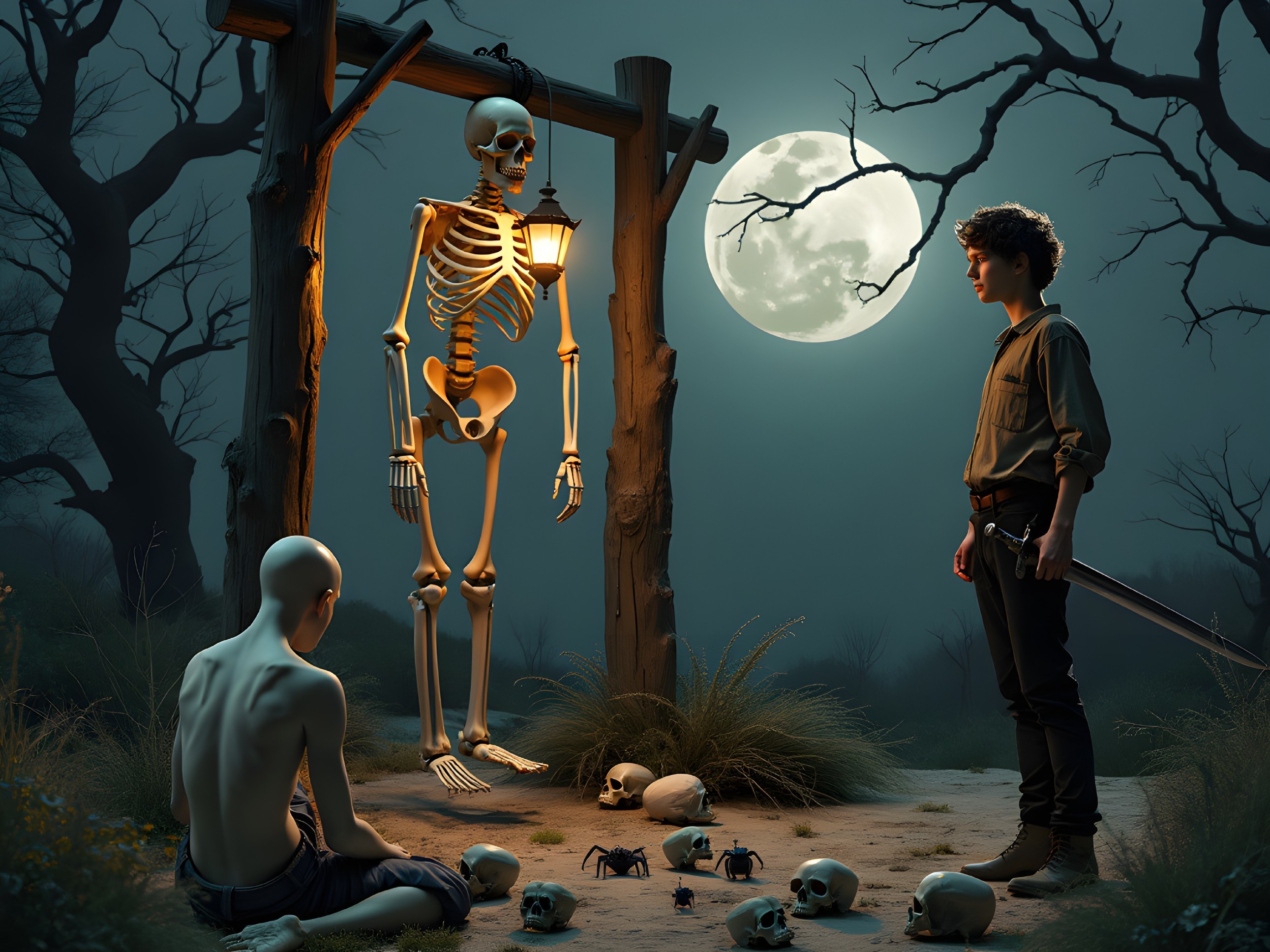 Moonlit Encounter with a Towering Skeleton and Shadows