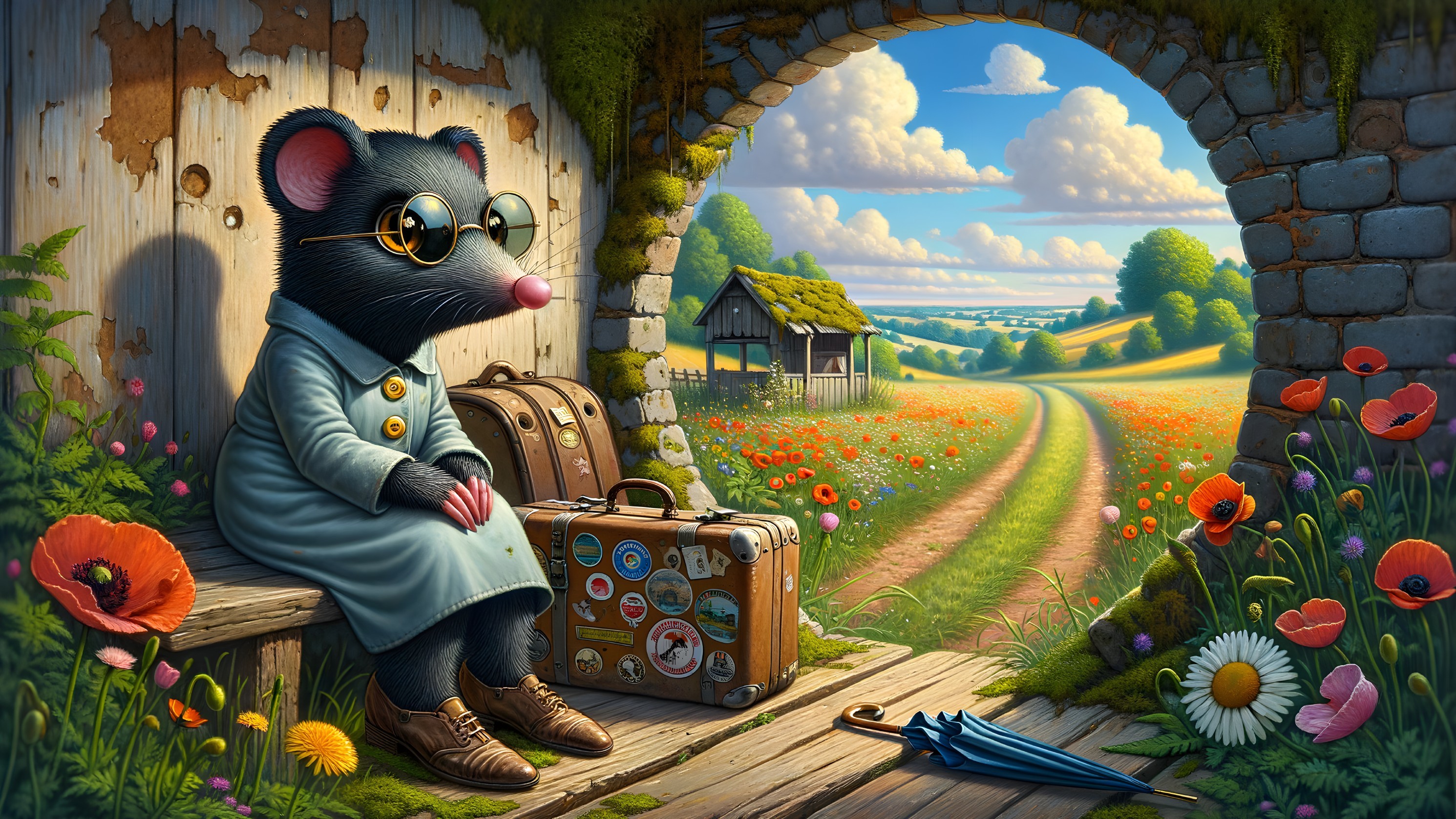 Stylish Mouse on Bench with Suitcase Under Archway