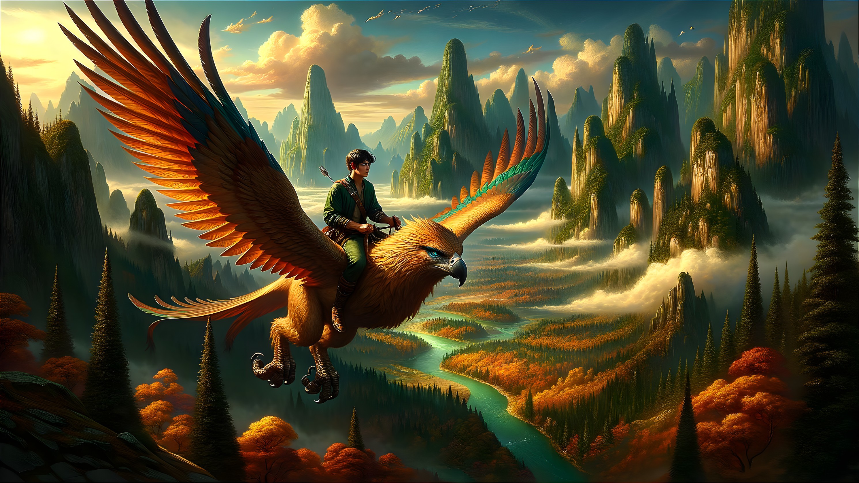 Griffin in Flight Over Vibrant Landscape at Sunset