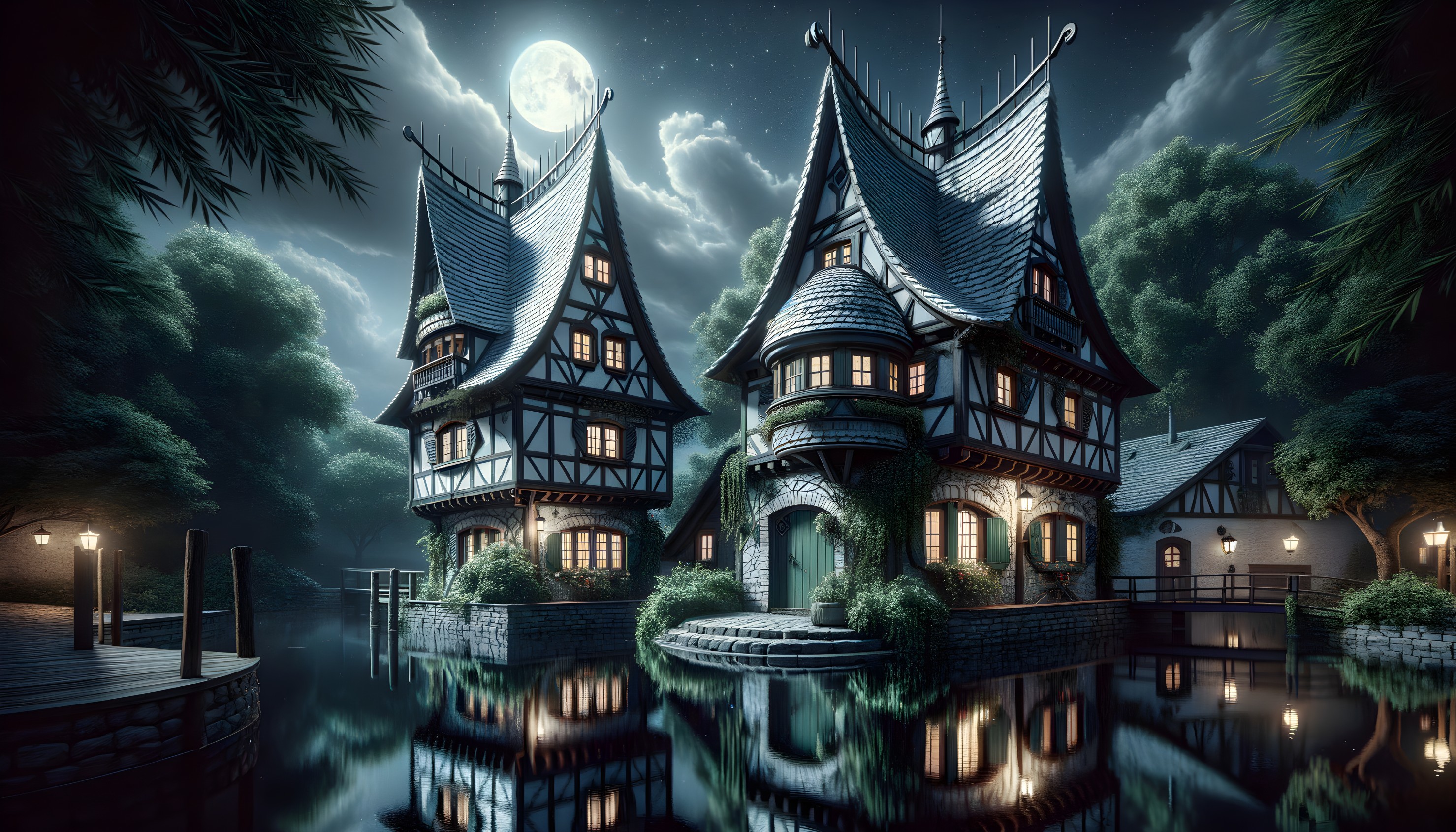 Medieval-style houses by a moonlit lake at night