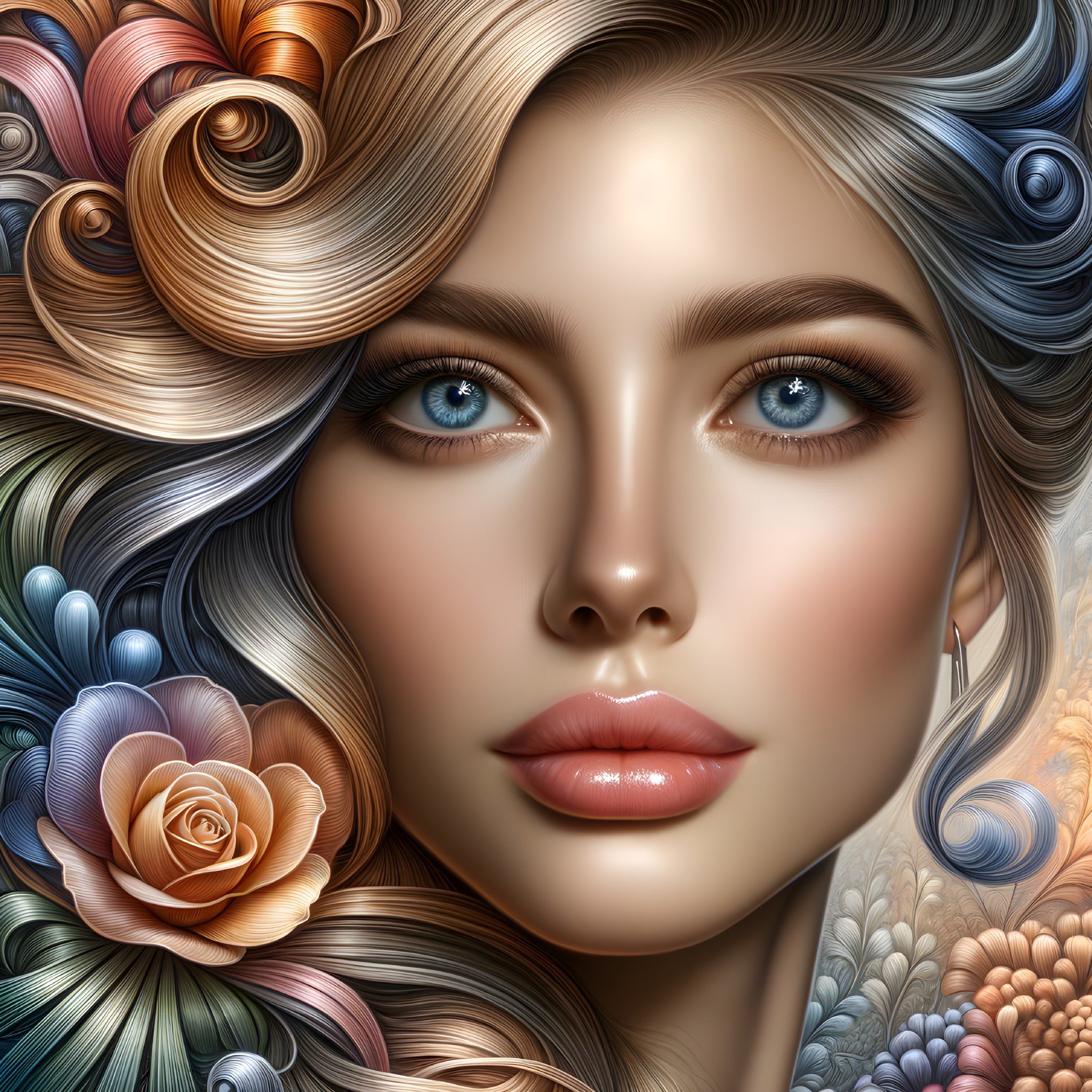 Stylized portrait of a woman with vibrant hair and eyes