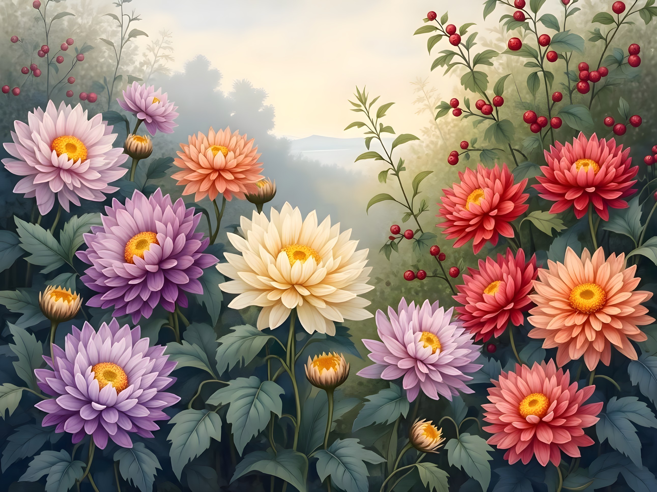 Vibrant Floral Scene with Blooming Dahlias and Greenery
