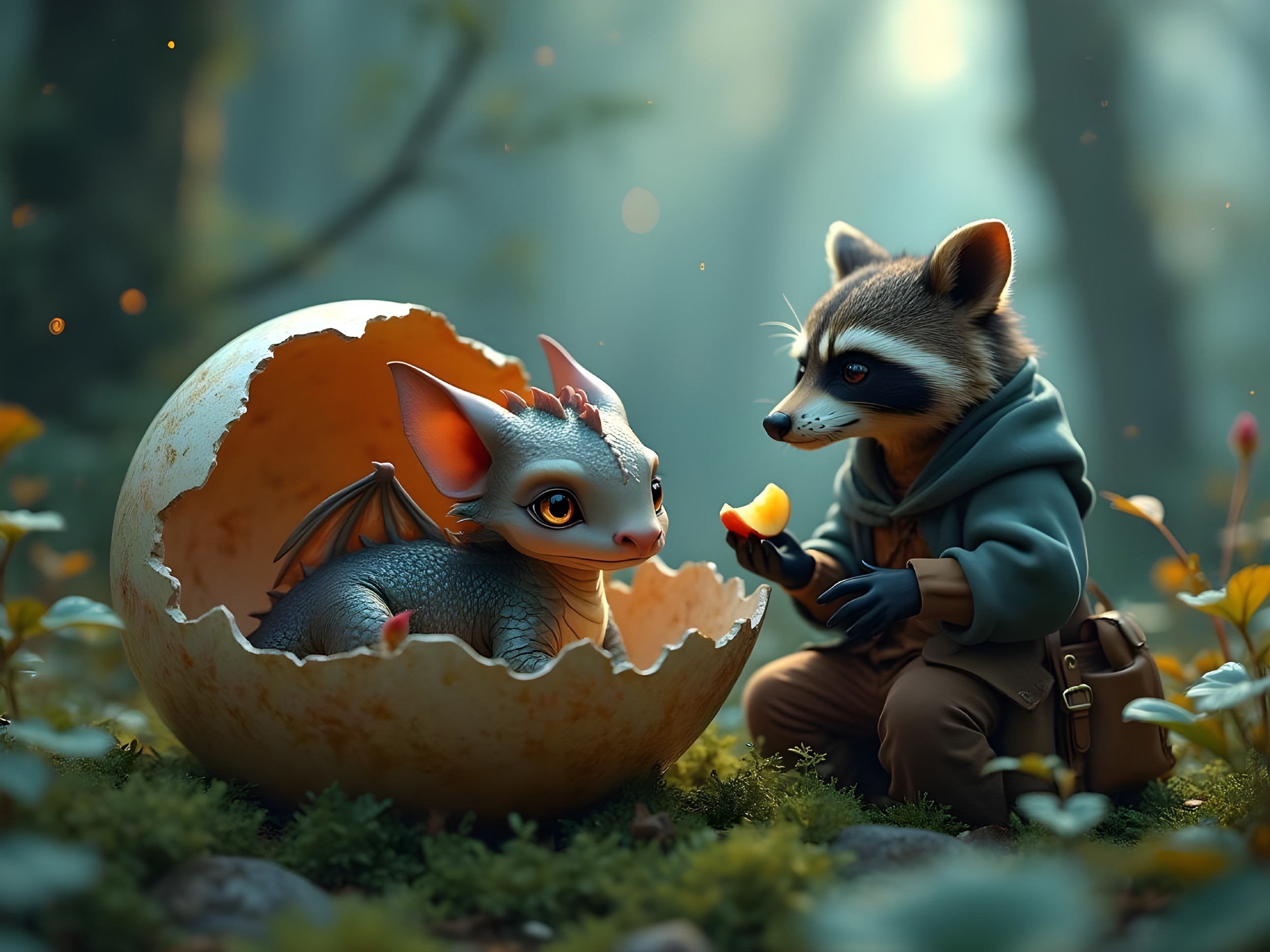 Raccoon and Dragonling in a Whimsical Forest Scene