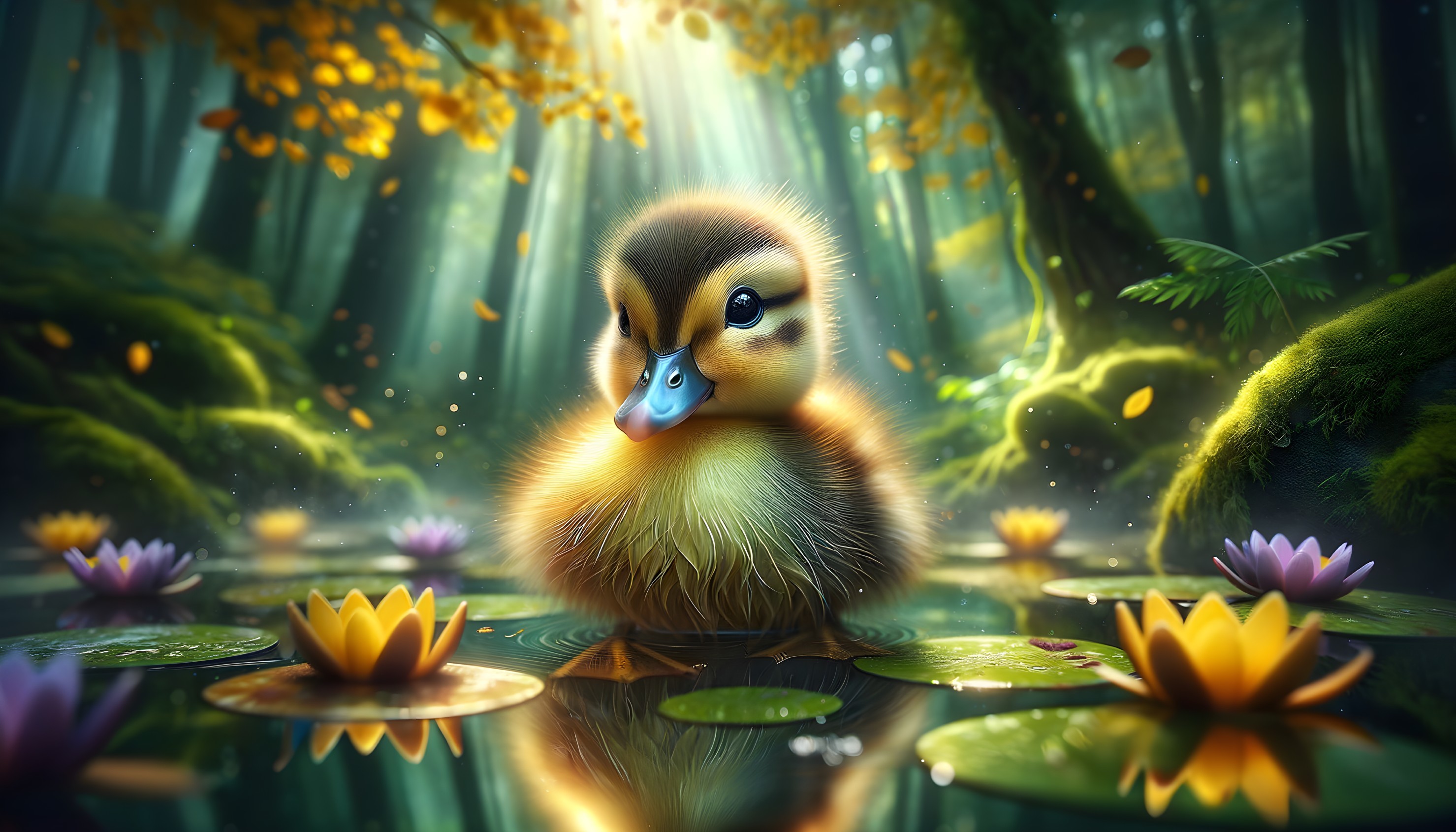 Fluffy Duckling Among Water Lilies in Forest Pond