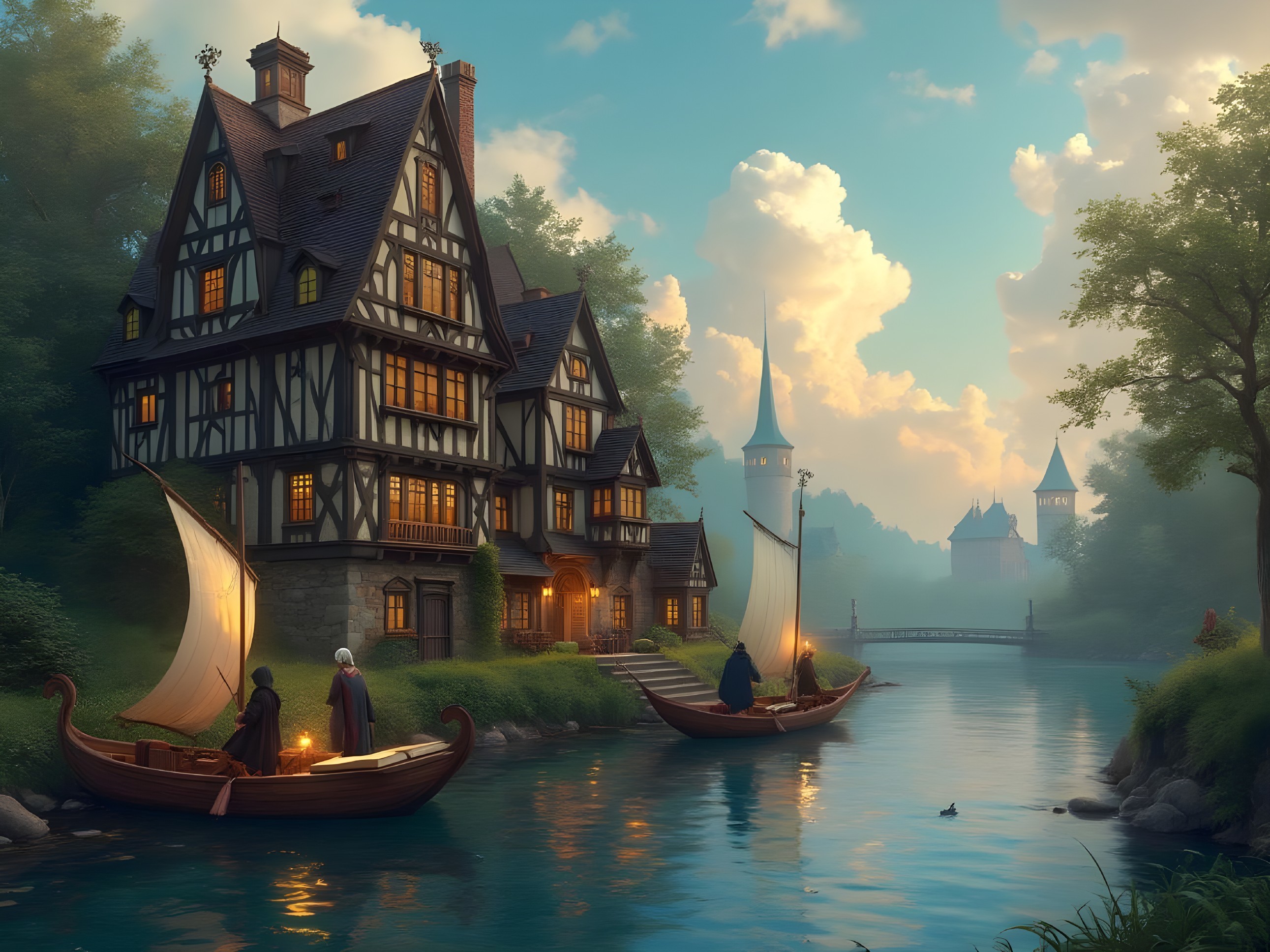 Medieval House by Serene River with Boats and Castles