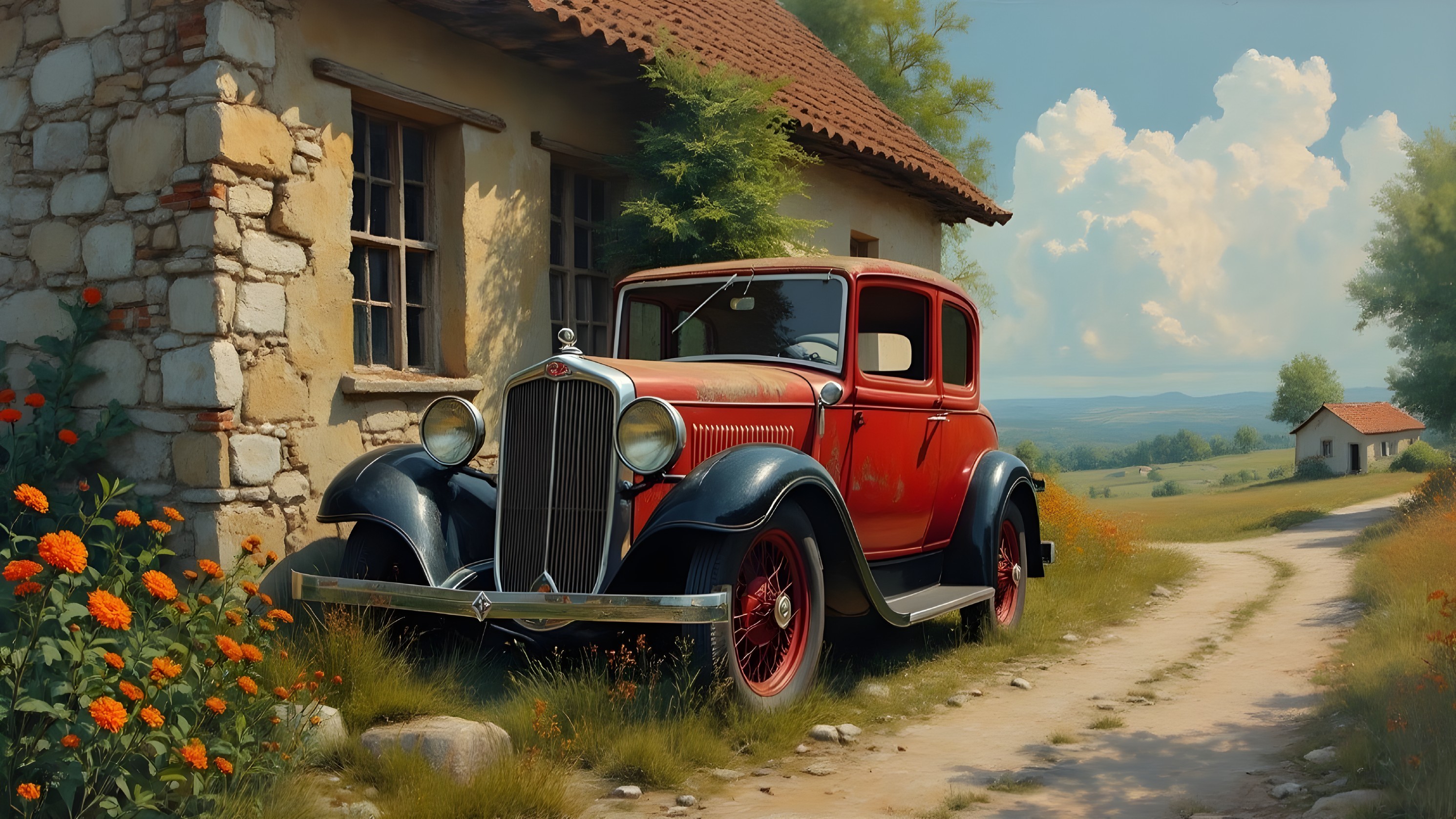 Vintage Red Car by Stone Cottage with Flowers