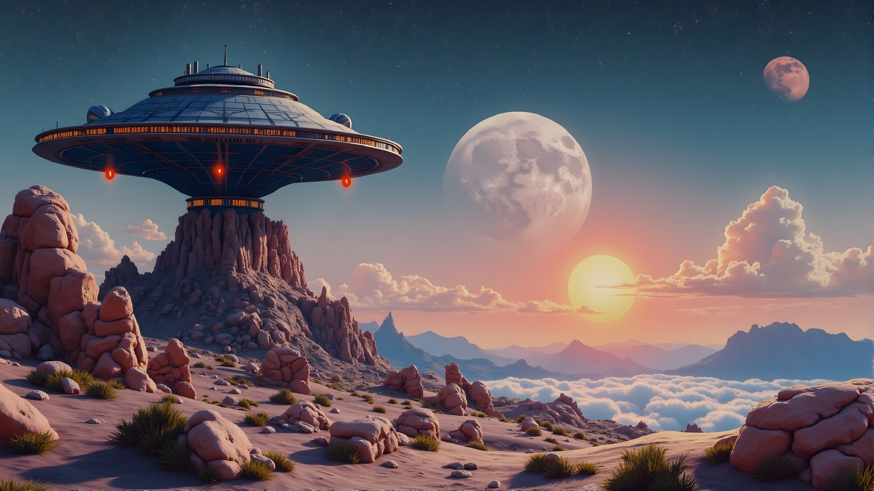 Futuristic alien landscape with spaceship and moons