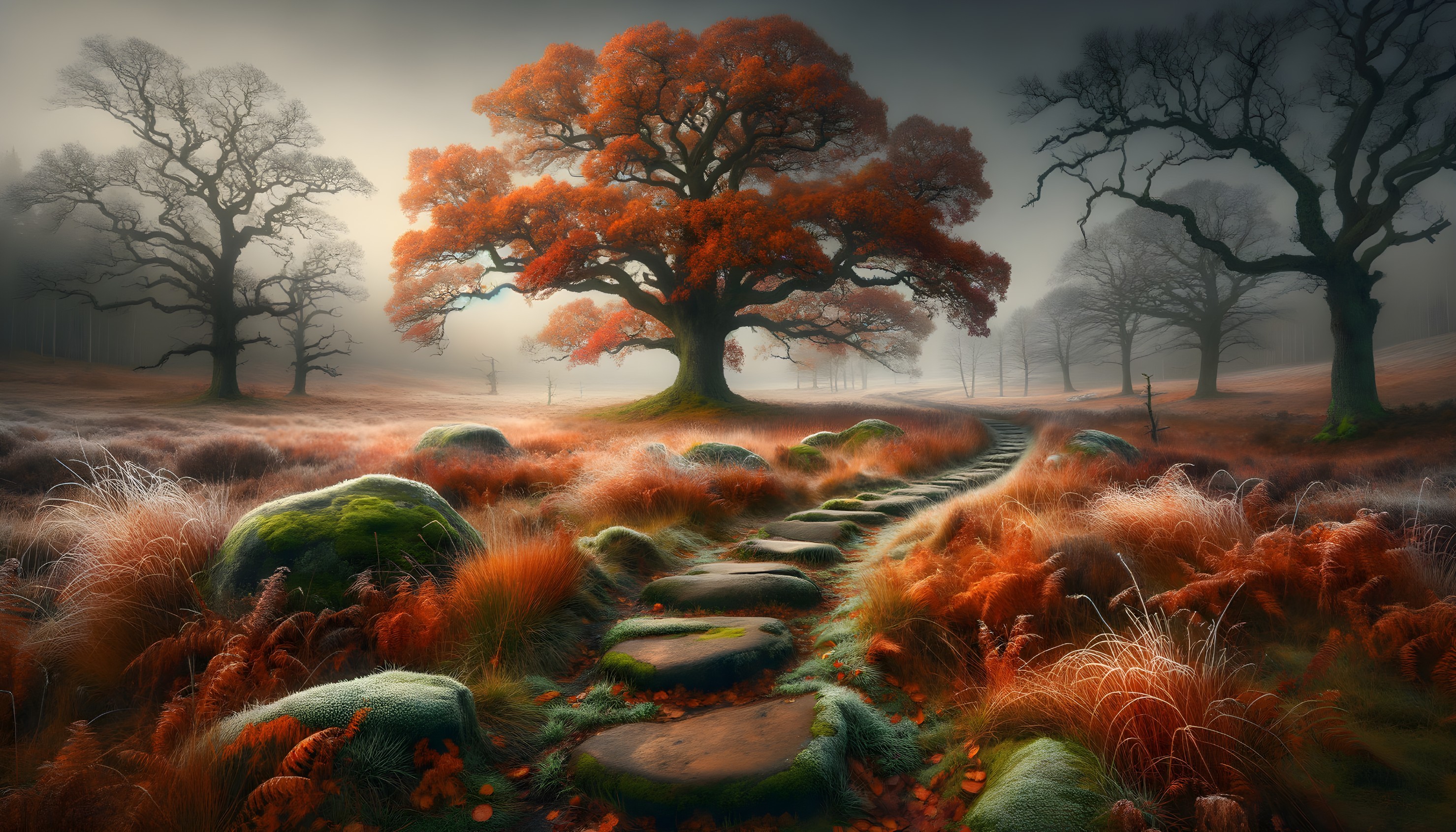 Misty Forest Landscape with Autumn Leaves and Pathway