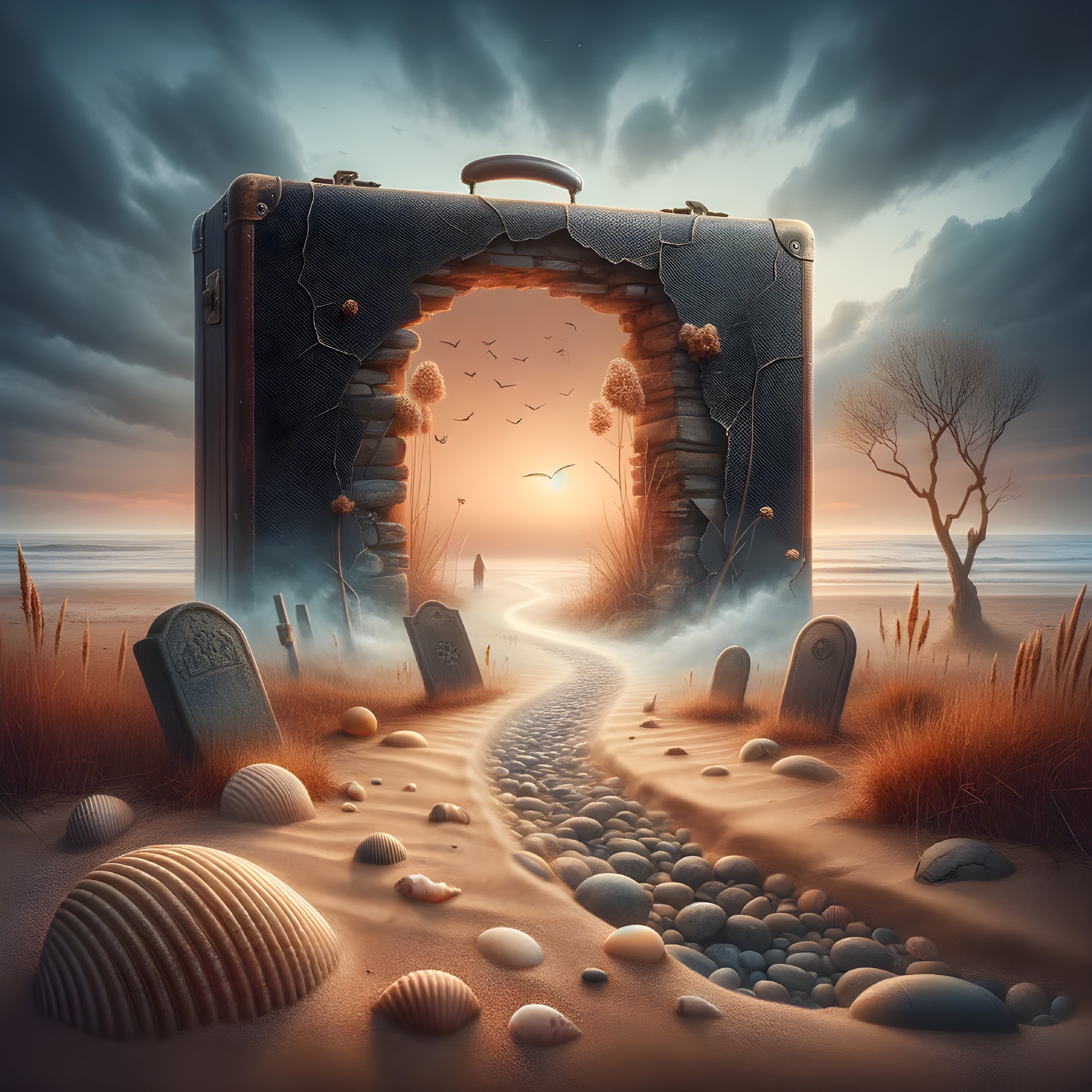 Surreal Scene with Oversized Suitcase Archway and Sunset