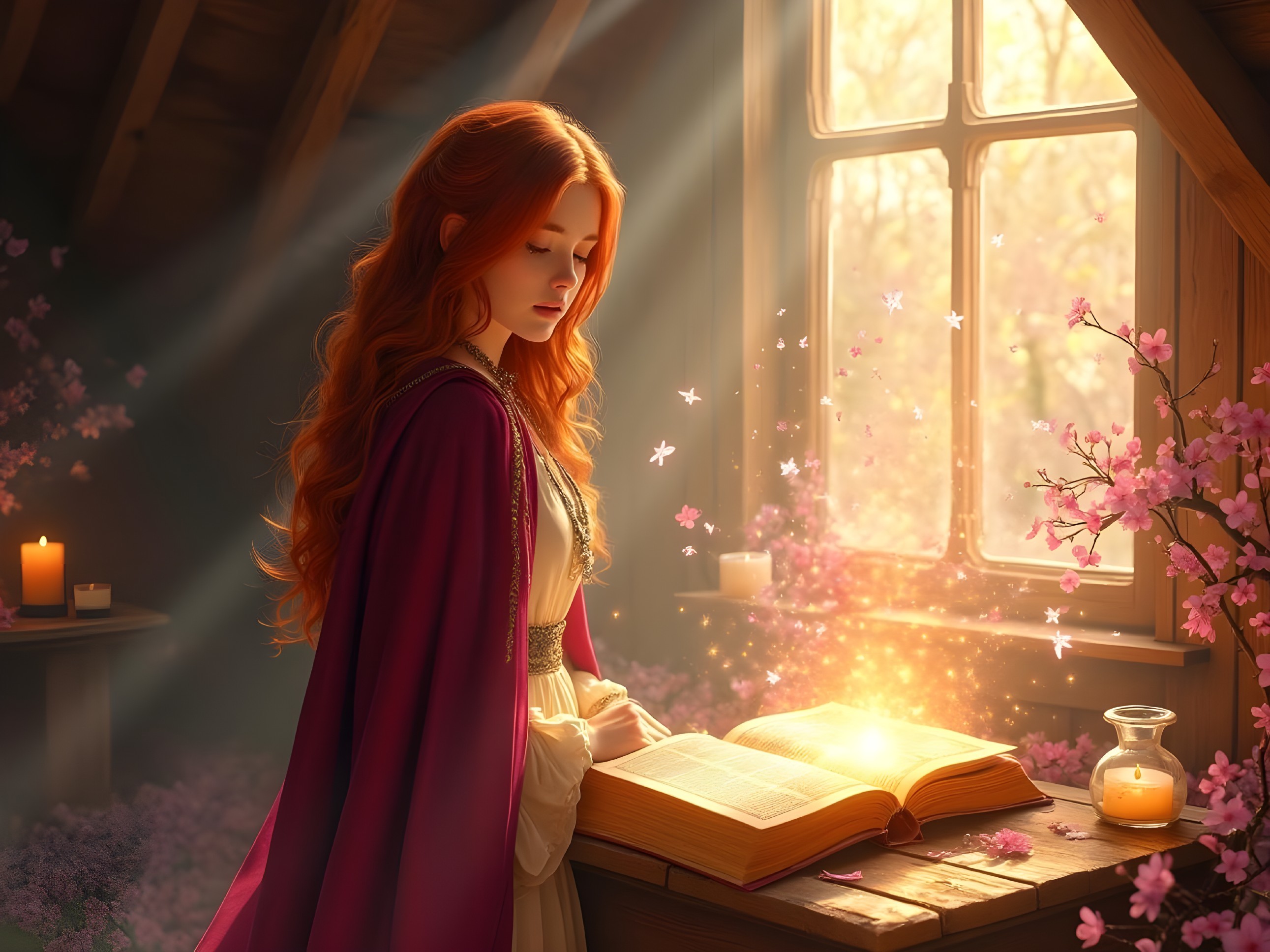 Young woman in white gown by window with glowing book