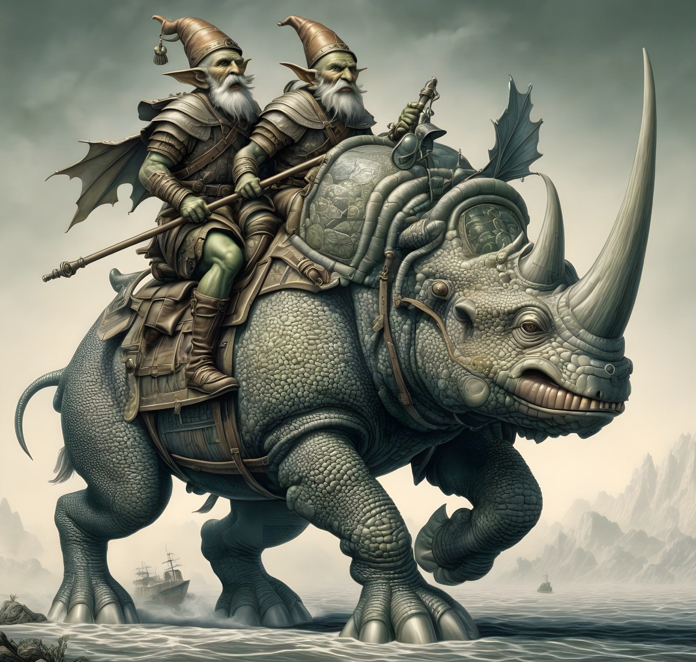 Armored fantasy characters on a rhinoceros in misty mountain setting