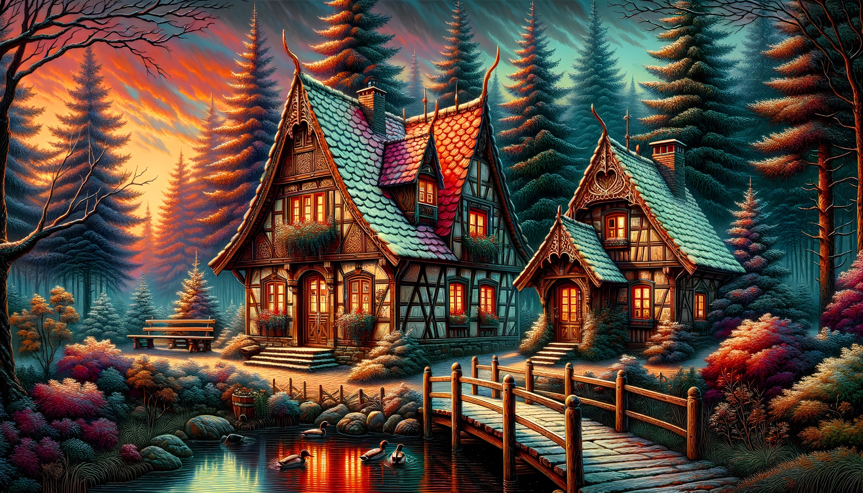 Charming Cottages Amidst Evergreen Trees and Pond