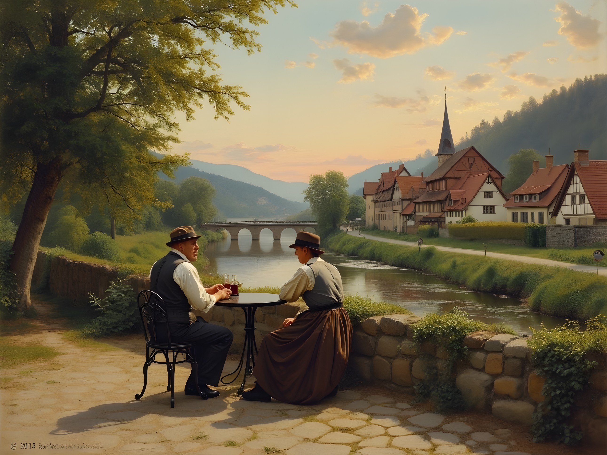 Couple Playing Chess by Twilight River Landscape