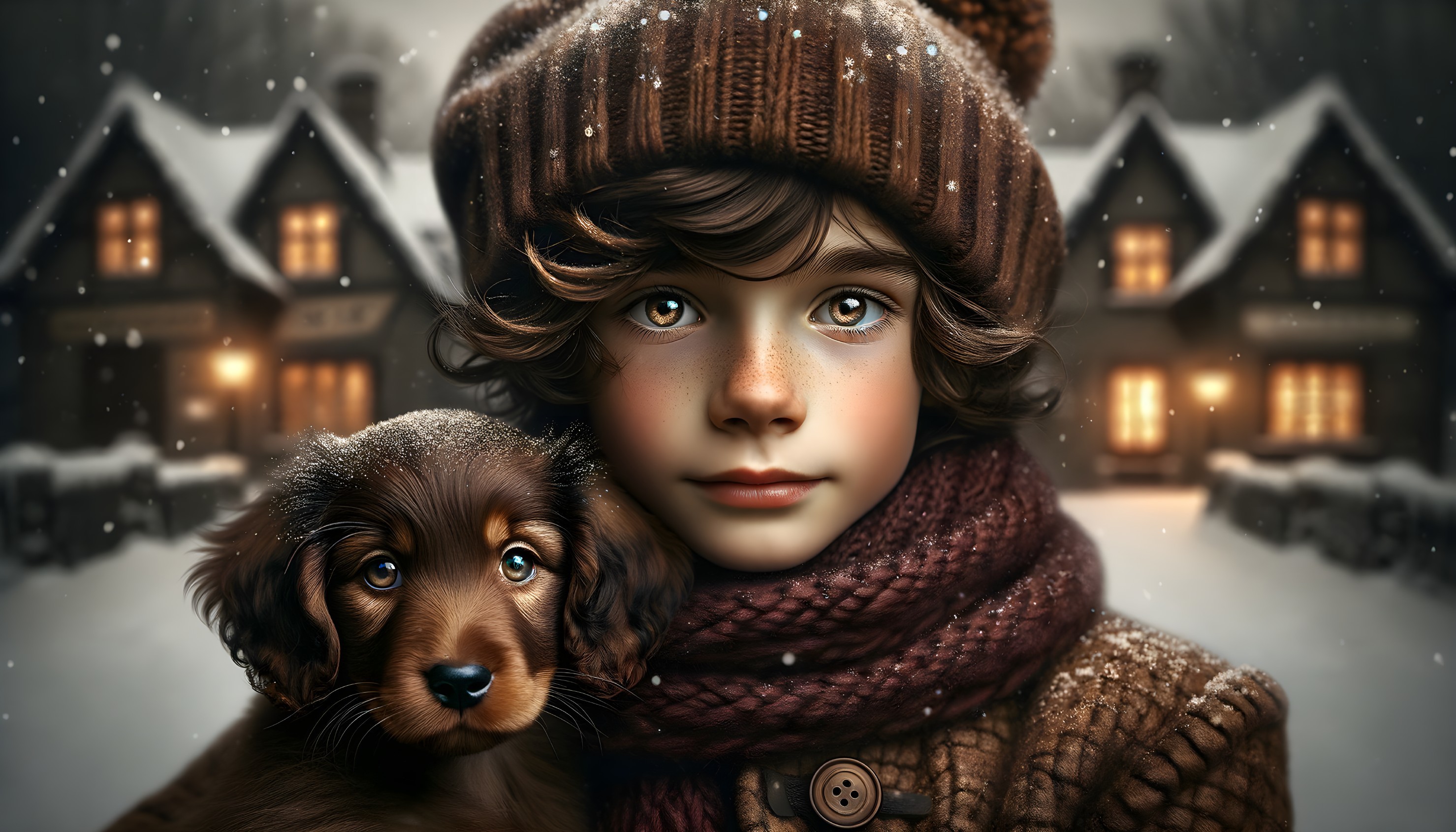 Child with Puppy in Snowy Winter Scene