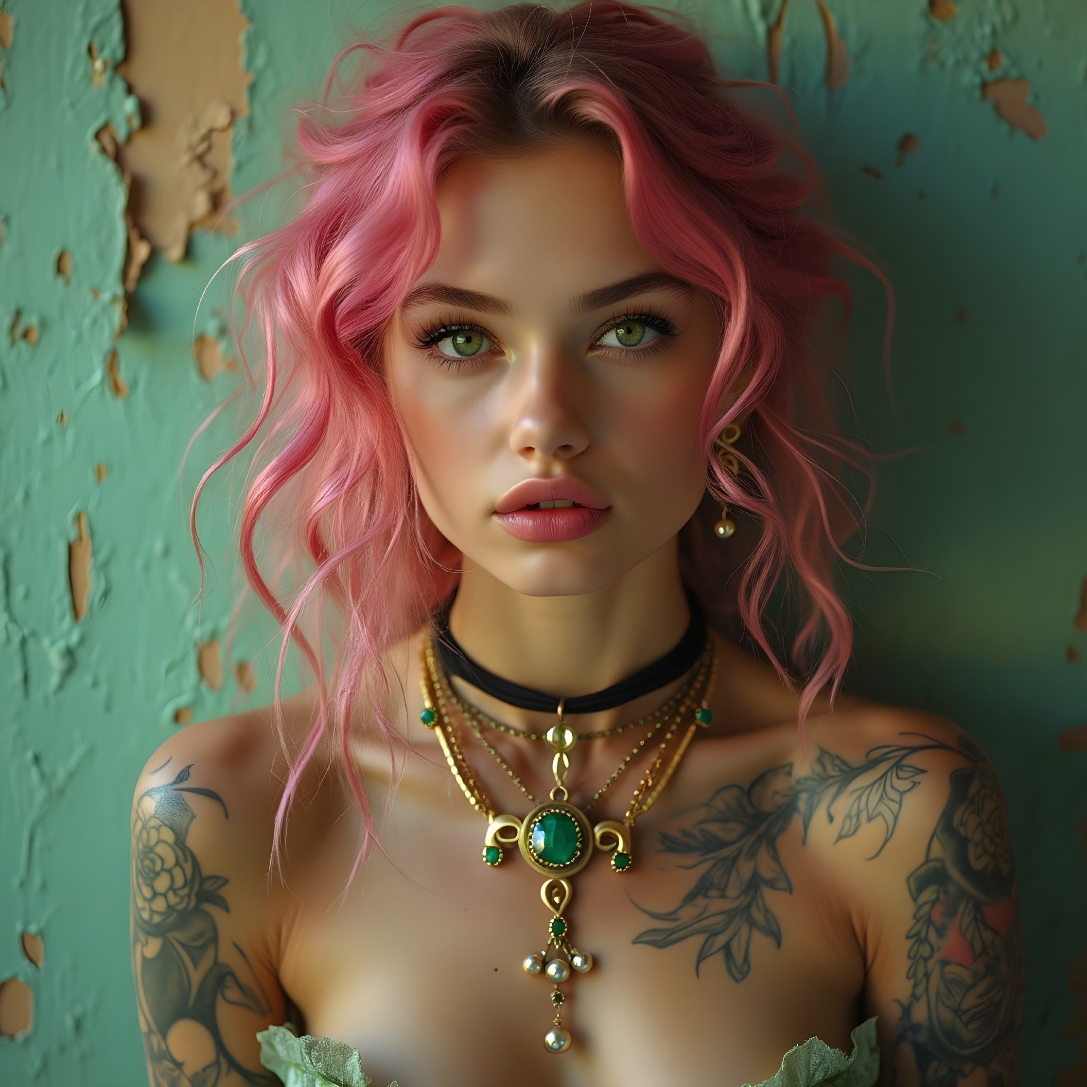 Portrait of a young woman with pink hair and green eyes