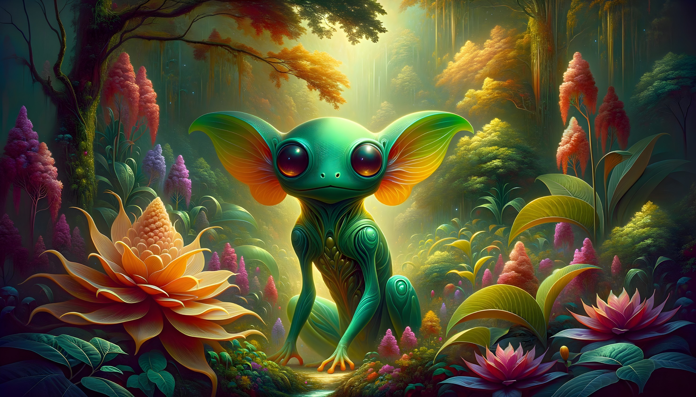 Whimsical Creature in a Vibrant Enchanted Forest