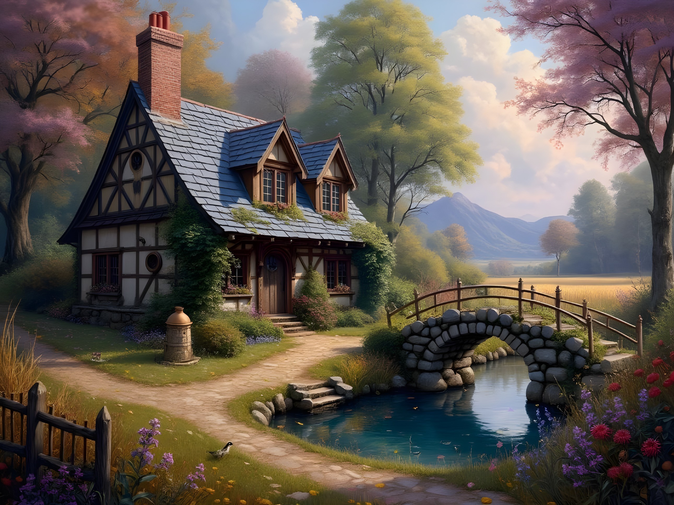 Cottage Surrounded by Autumn Trees and Serene Pond