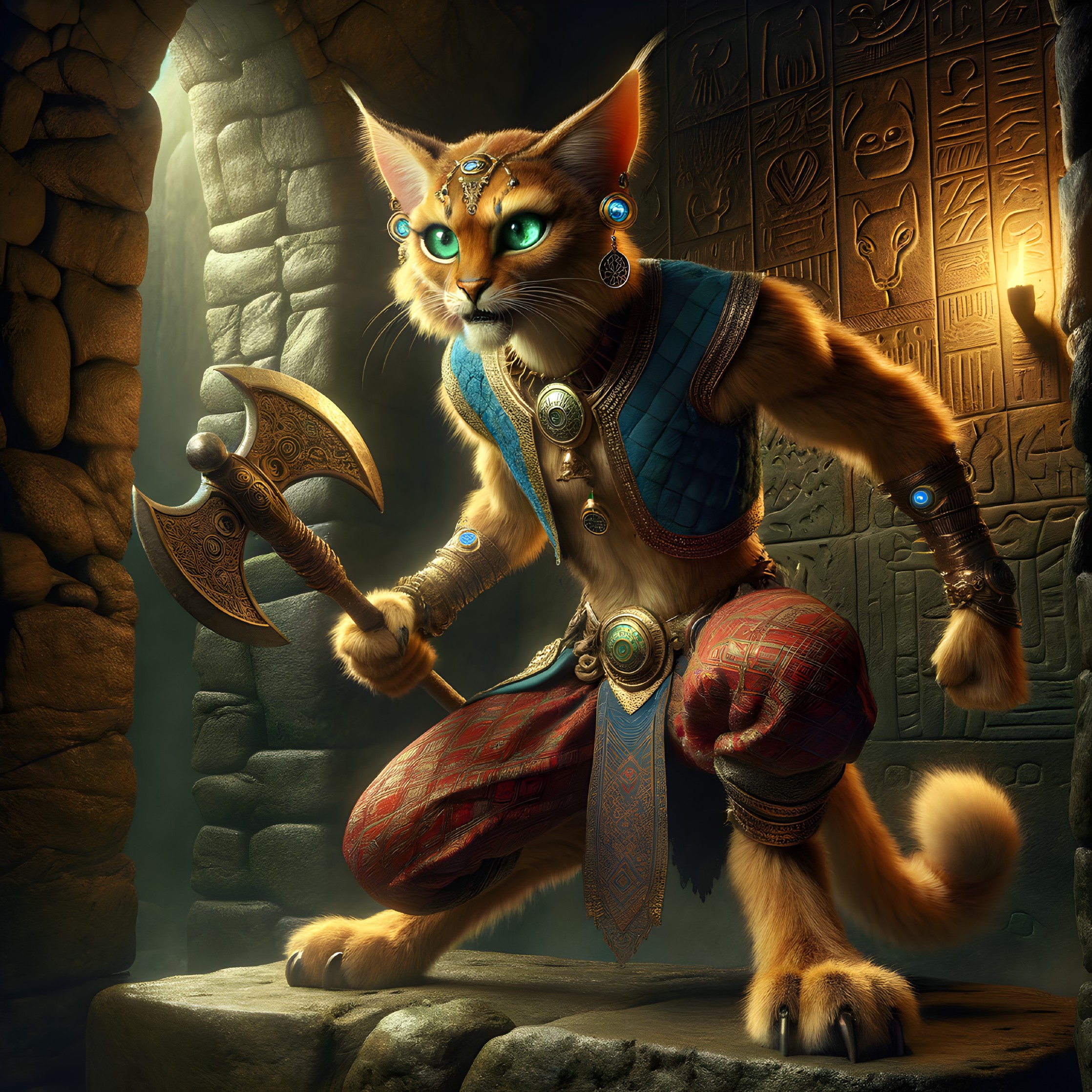 Anthropomorphic cat warrior in ancient temple setting