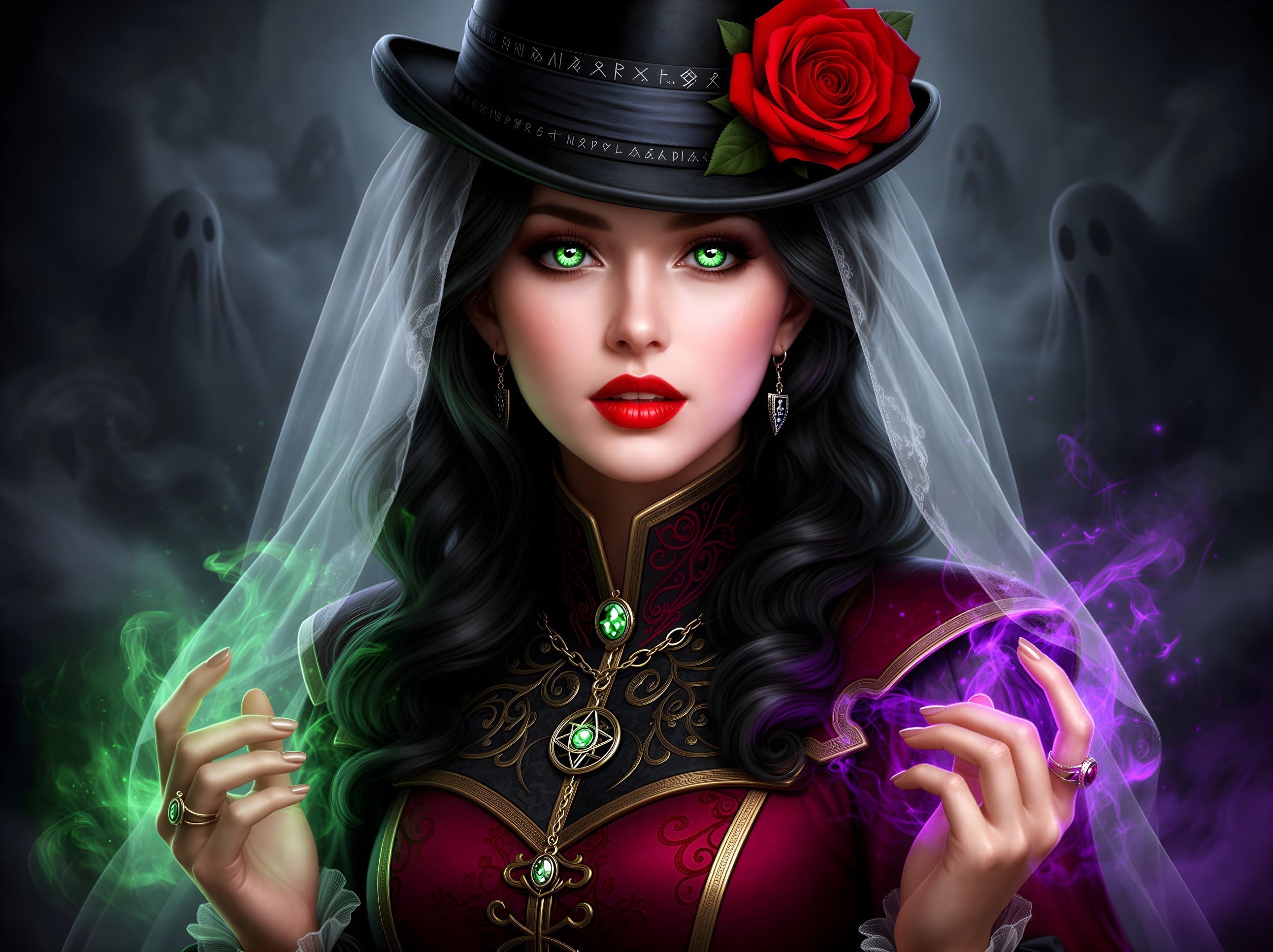 Witch in Elegant Gown with Magical Energy and Veil