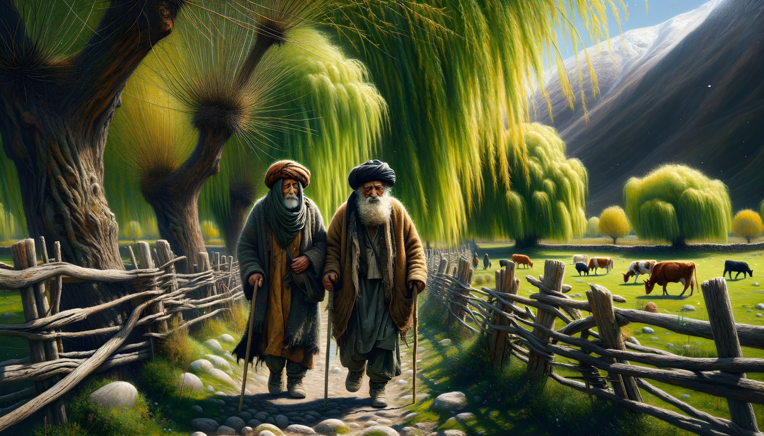 Elderly men in traditional attire stroll through nature's beauty
