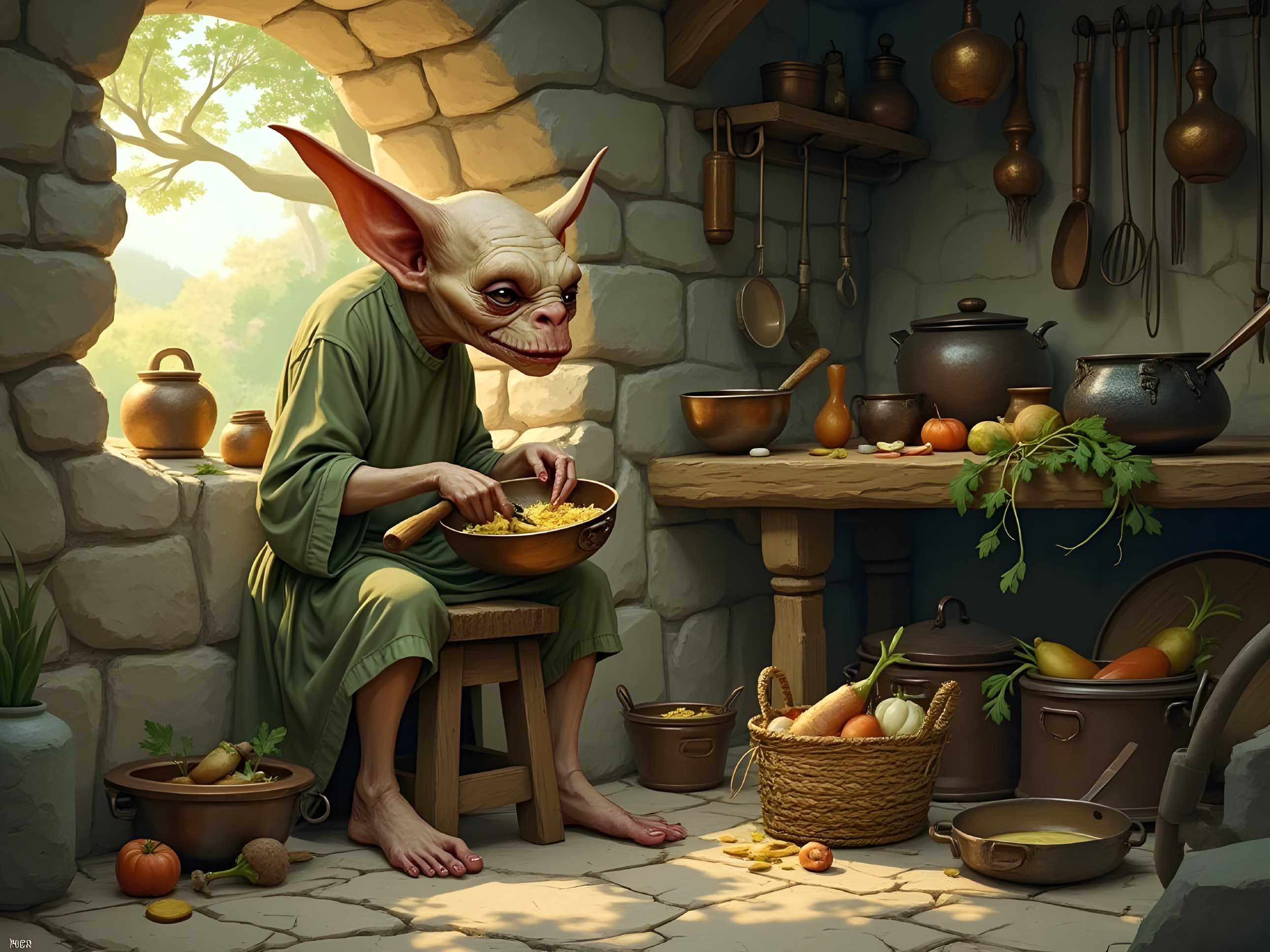 Whimsical Creature Prepares Food in Cozy Kitchen