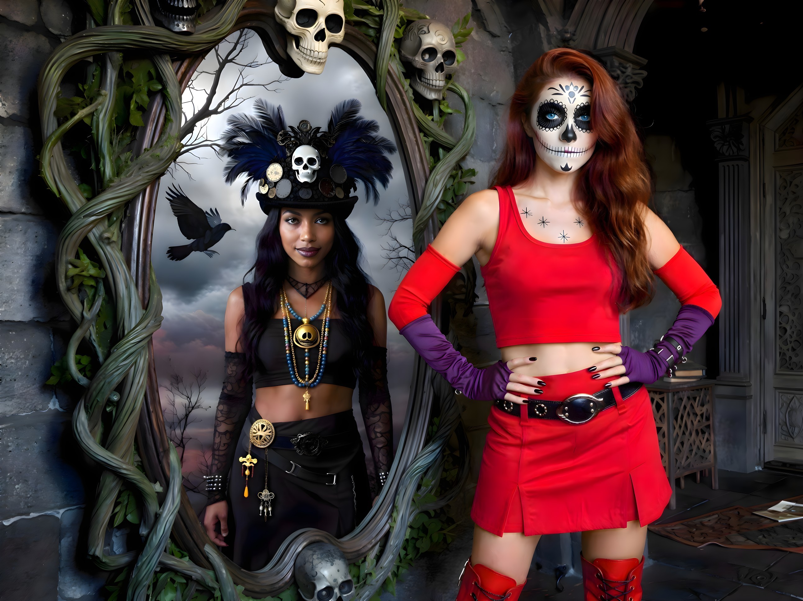 Gothic-Inspired Models with Sugar Skull Makeup