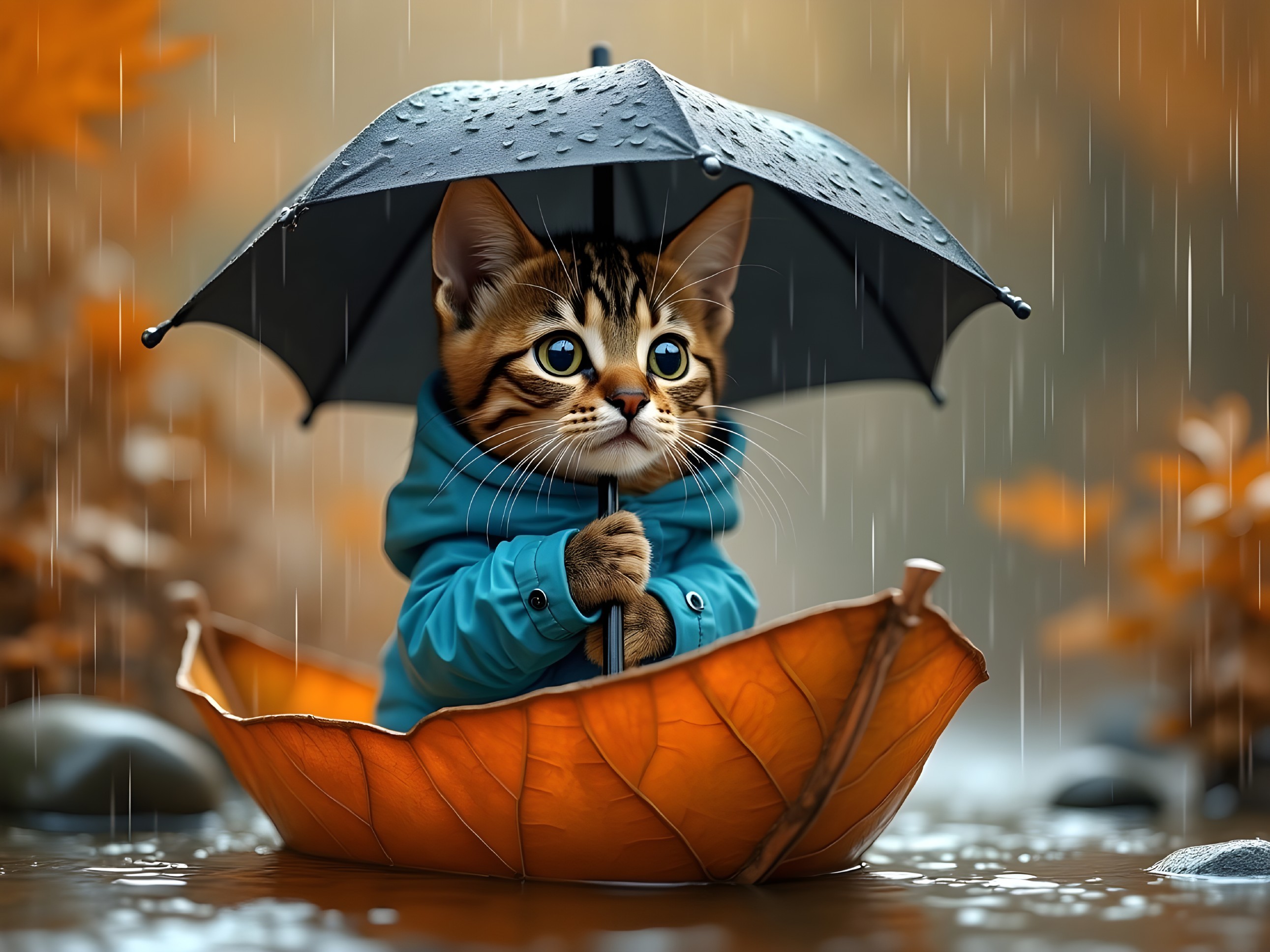 Kitten in Leaf Boat Under Umbrella in Autumn Rain