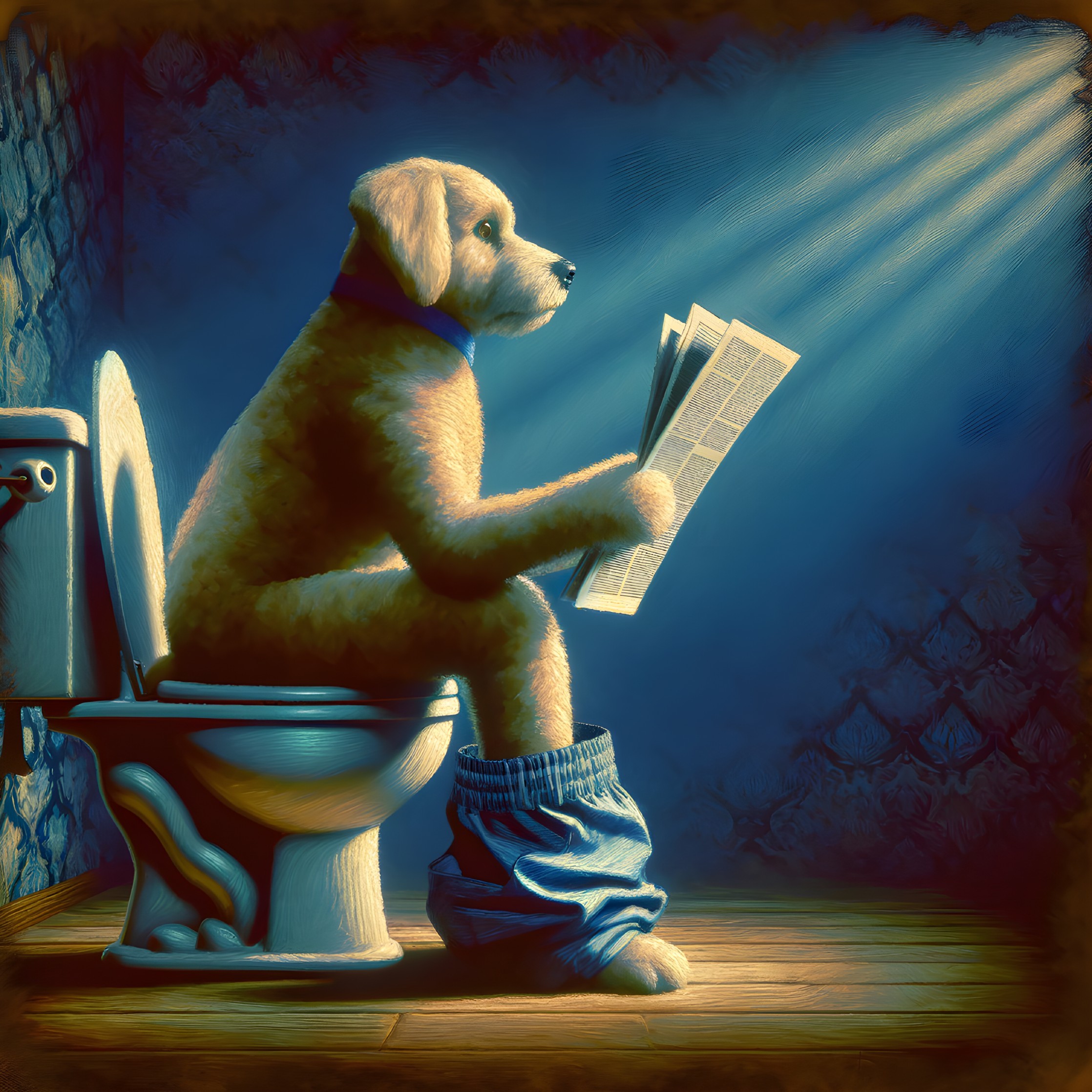 Dog sitting on toilet in jeans, reading newspaper under blue lighting