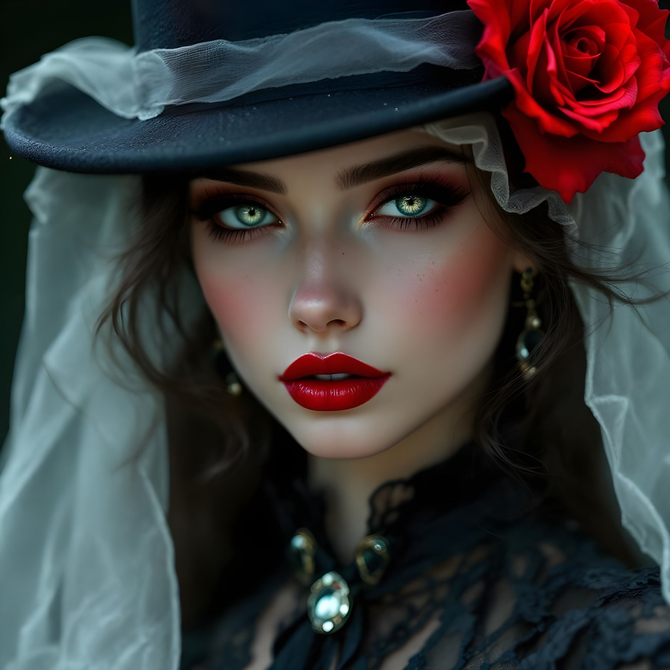 Portrait of a woman with green eyes and red lips