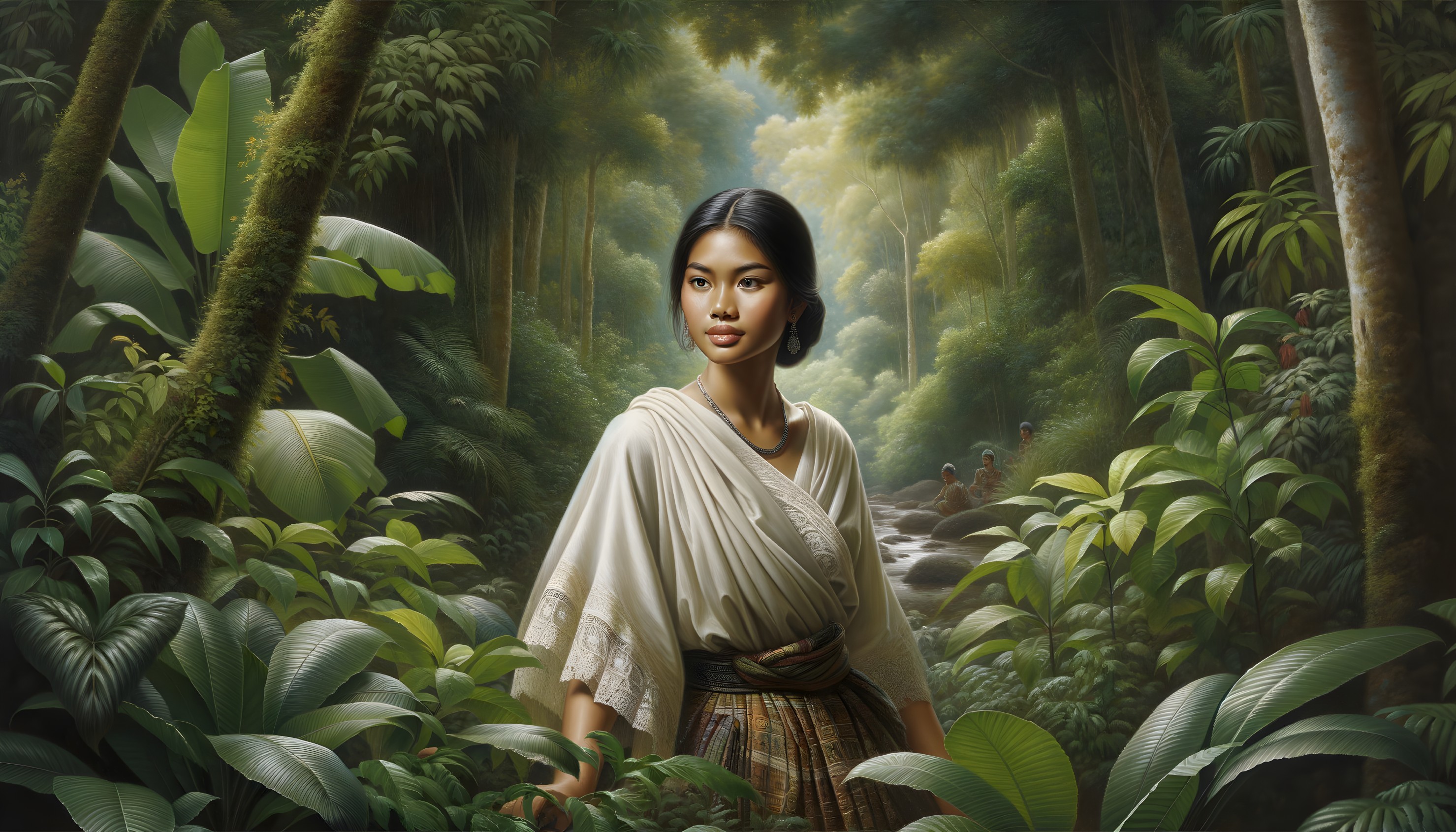 Traditional Dress Woman in Lush Forest with River and Sunlight