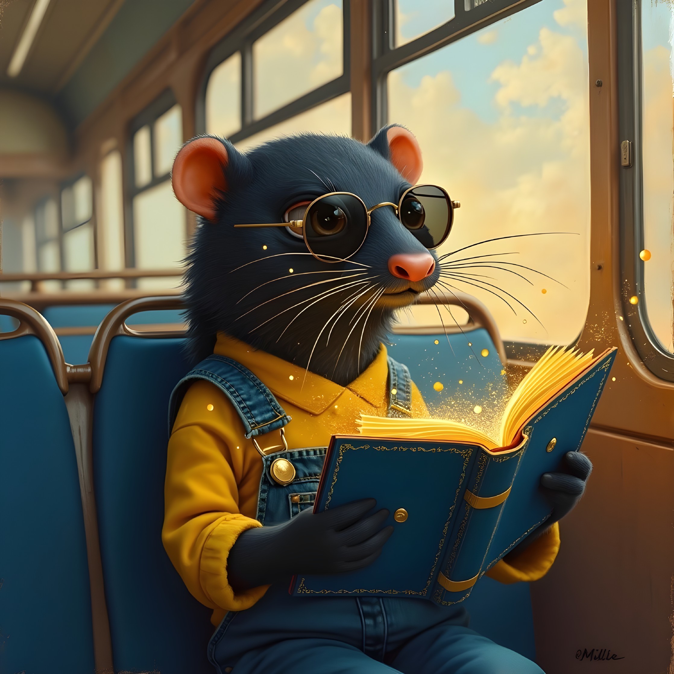 Cartoon Rat Reading on a Bus in Cozy Atmosphere