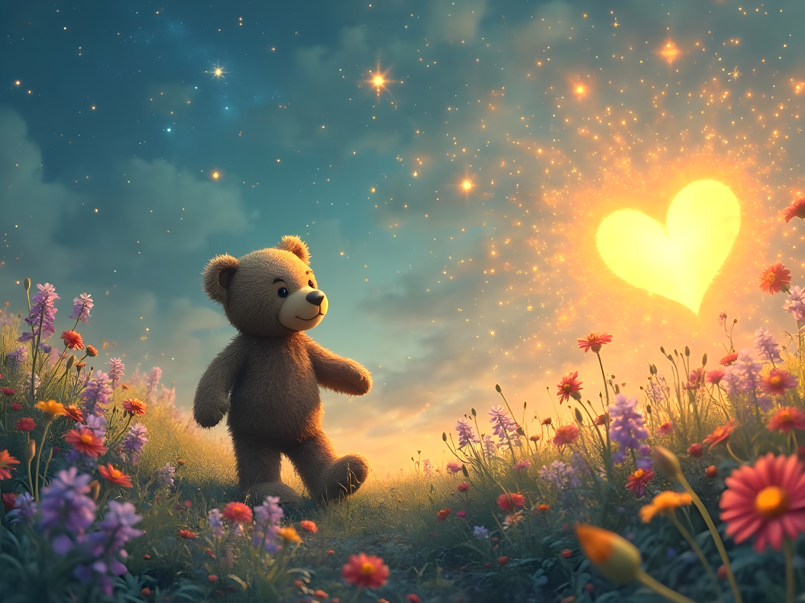Teddy Bear in a Colorful Flower Meadow at Night