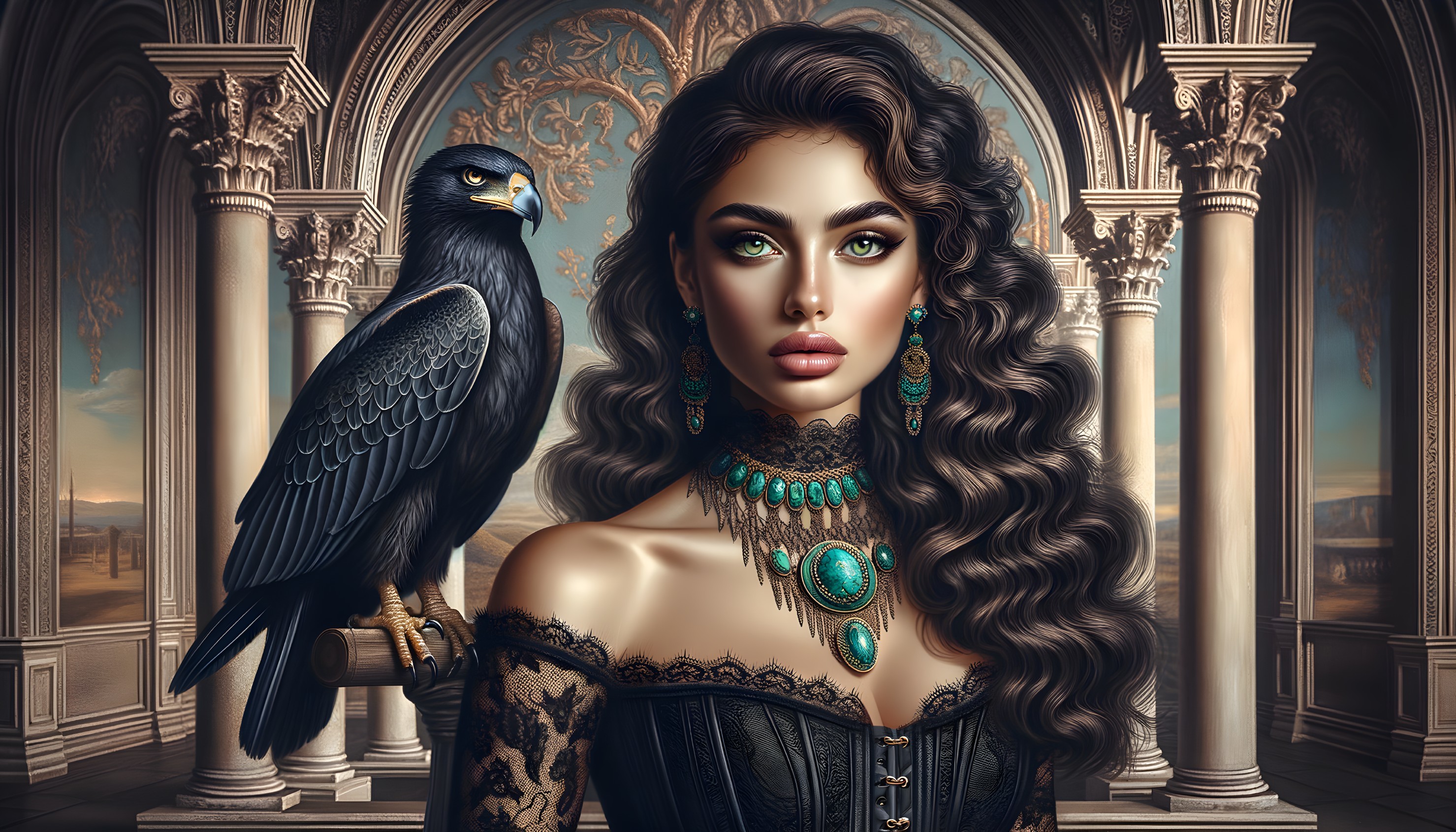 Elegant Woman in Black Dress with Majestic Hawk