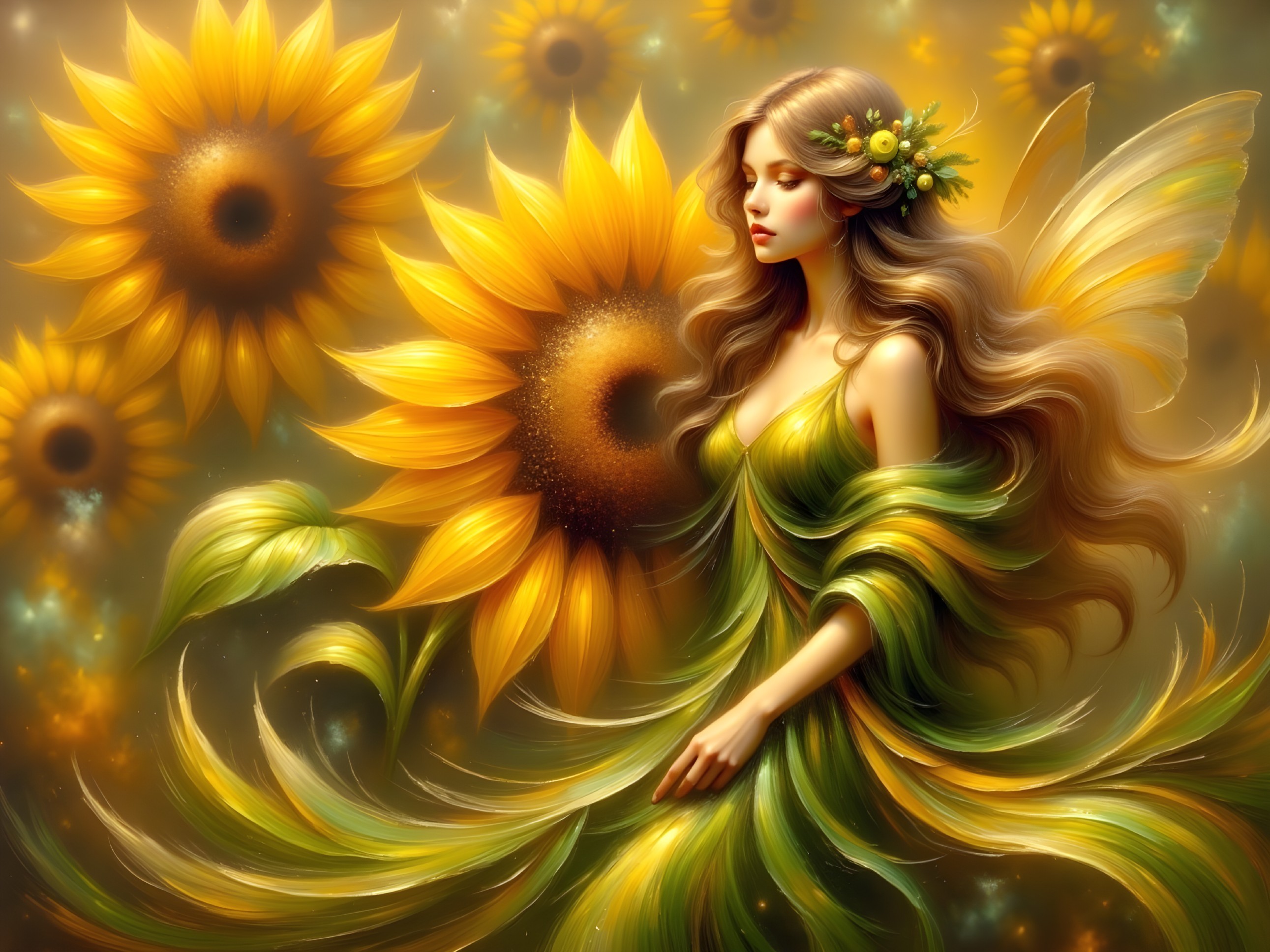 Serene figure in green attire among vibrant sunflowers