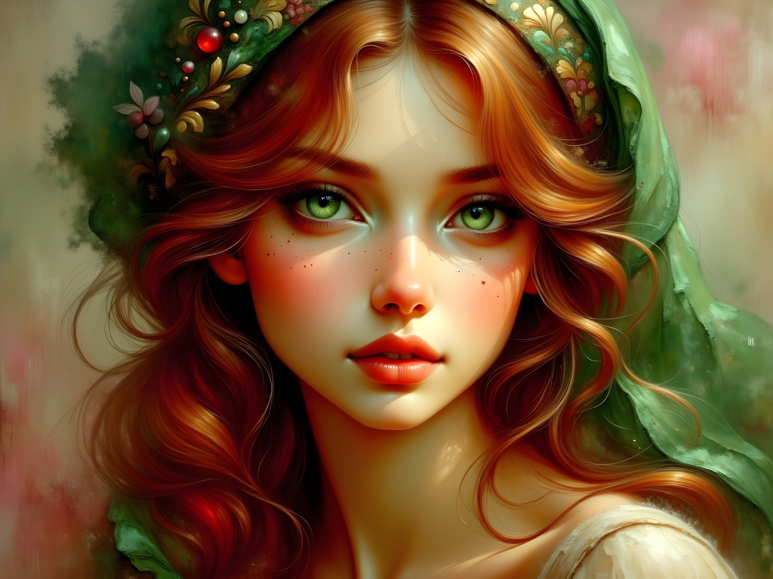 Portrait of a Young Woman with Green Eyes and Headscarf
