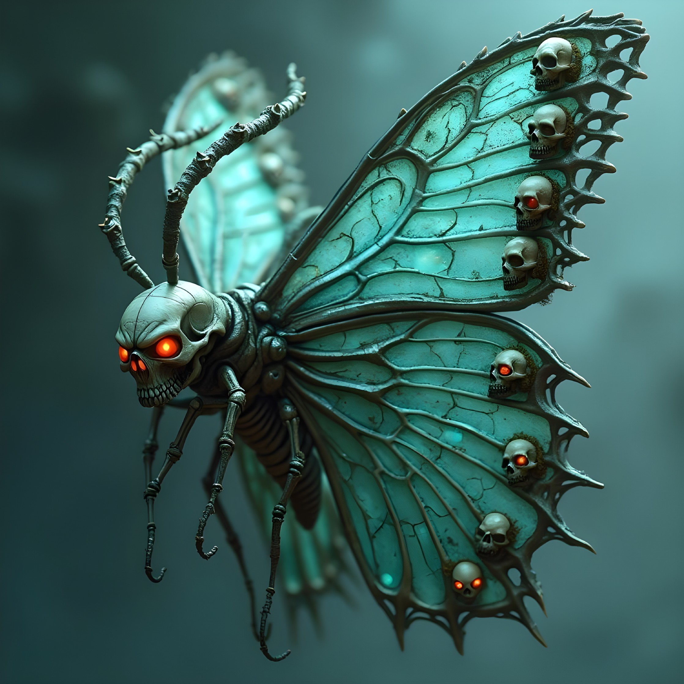 Surreal Butterfly with Metallic Exoskeleton and Skulls